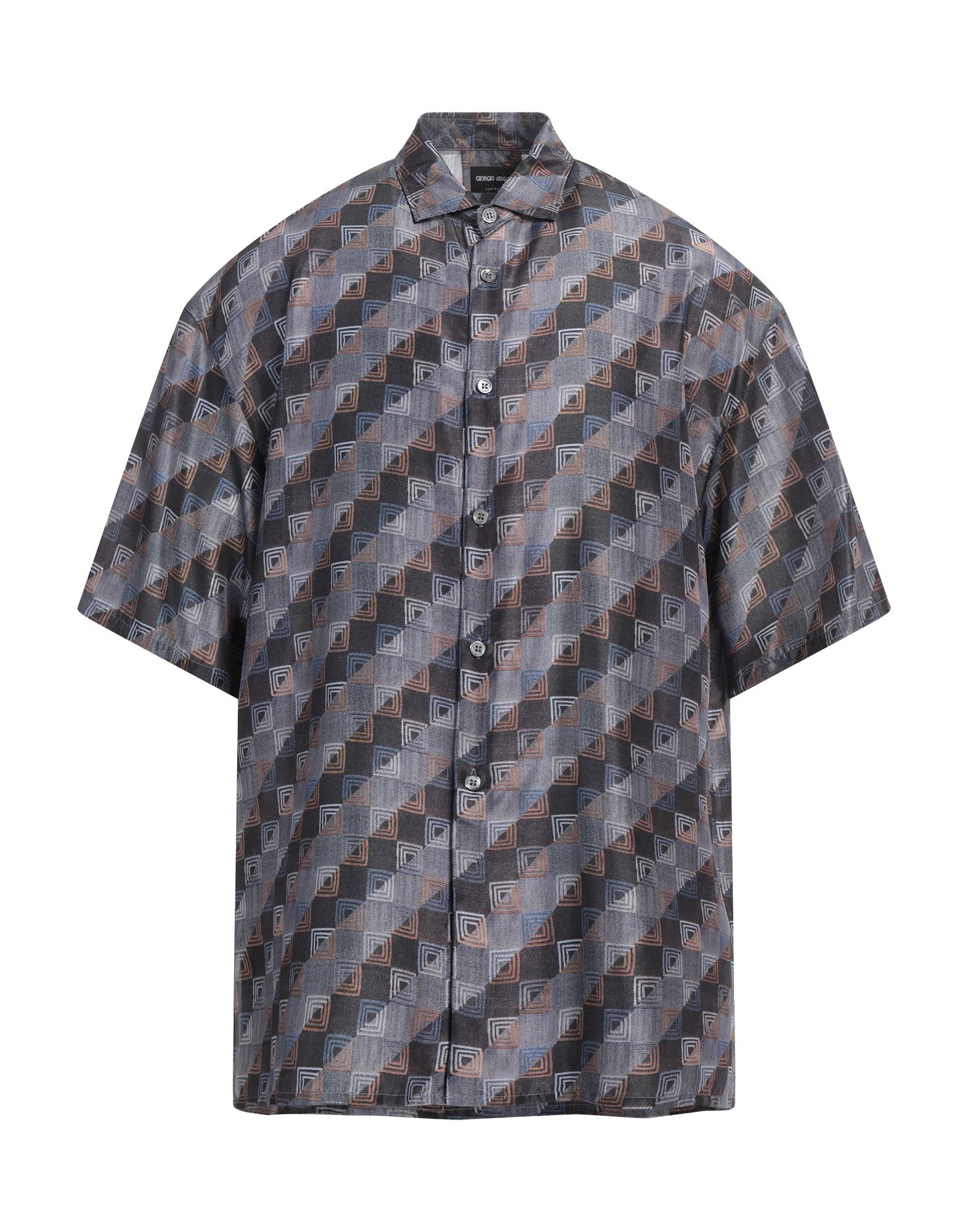 레귤러 셔츠, 새틴, 기하학 패턴, 장식 부착 없음, 클래식 칼라, 쇼트 슬리브, 버튼 여밈, 드라이클리닝, 표백 금지, 건조기 사용불가. 이미지