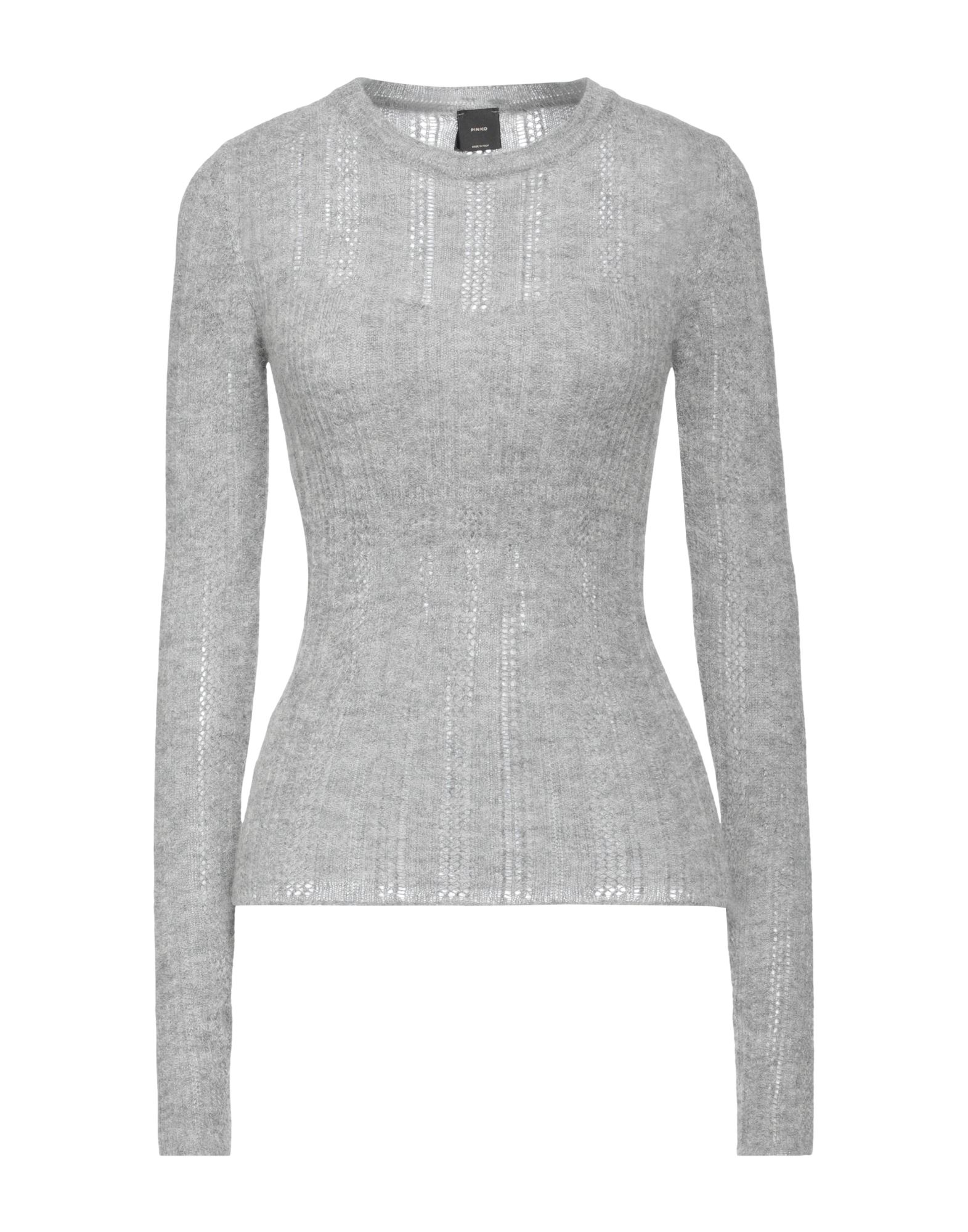 니트 소재, 멜란지 효과, 라이트웨이트 니트, 브랜드 로고, 솔리드 컬러, 크루넥, 롱 슬리브, 포켓 없음, 손세탁 또는 드라이클리닝, 표백 금지, 건조기 사용불가. 이미지