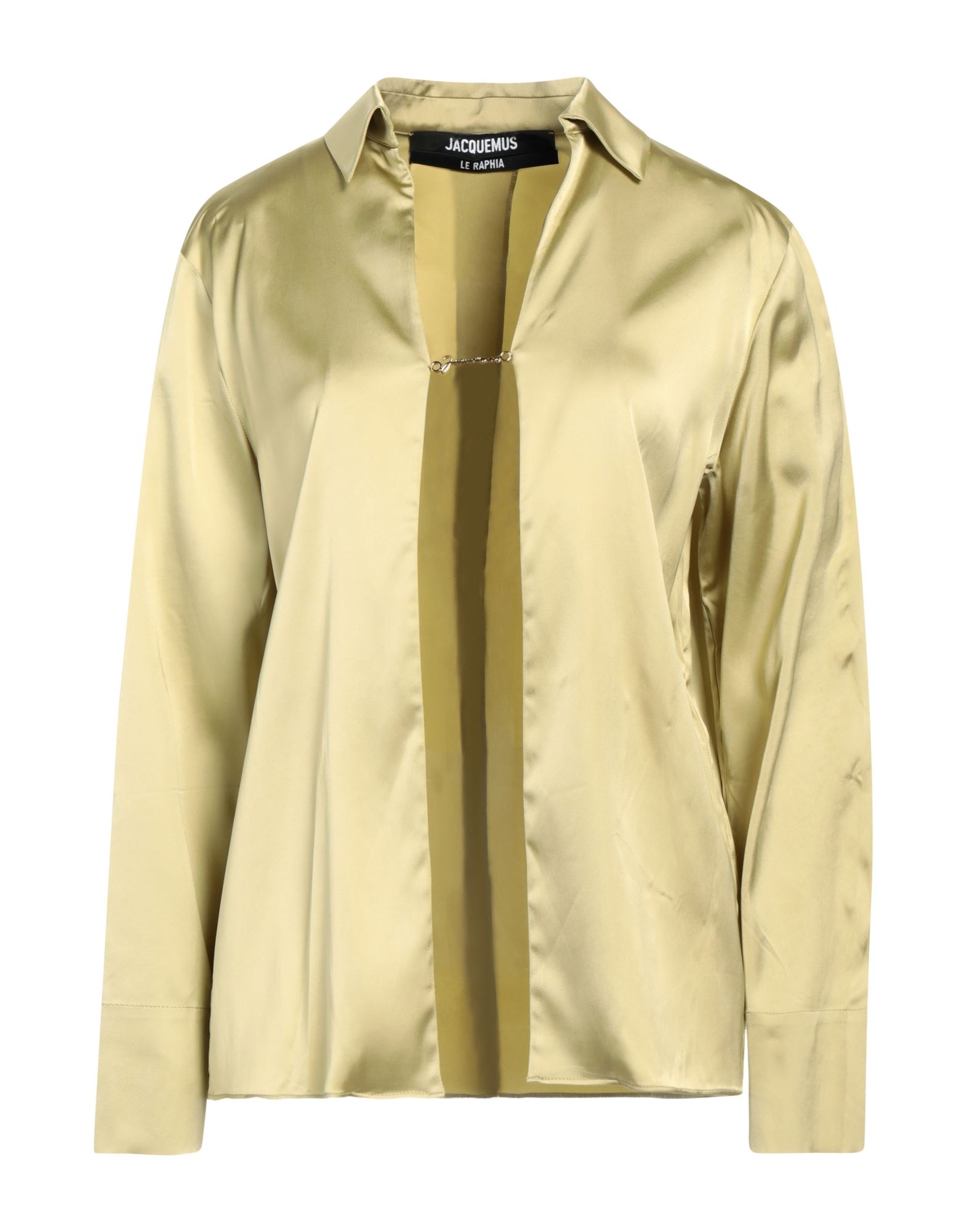 탑, 새틴, 스트레치 패브릭, 솔리드 컬러, 브랜드 로고, 딥 네크라인, 롱 슬리브. 이미지