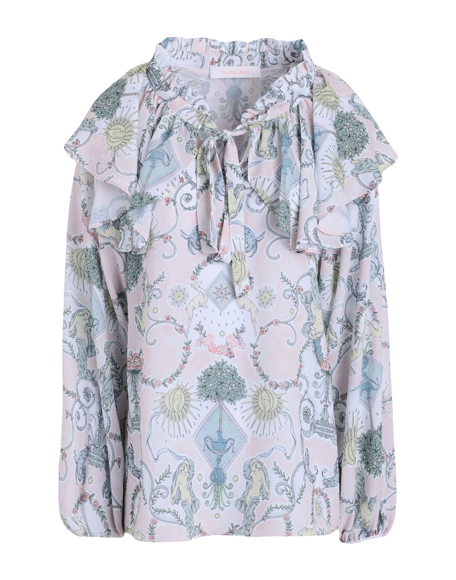 보우 디테일 블라우스, 크레이프, 러플, 브랜드 로고, 멀티컬러 패턴, 보우 타이 네크라인, 롱 슬리브. 이미지