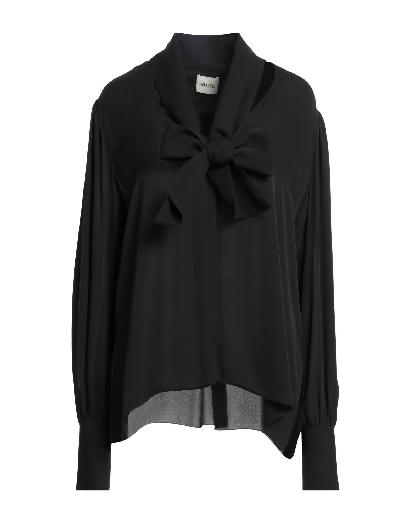 보우 디테일 블라우스, 크레이프, 솔리드 컬러, 장식 부착 없음, 롱 슬리브, 버튼 커프스, 드라이클리닝, 표백 금지, 건조기 사용불가. 이미지