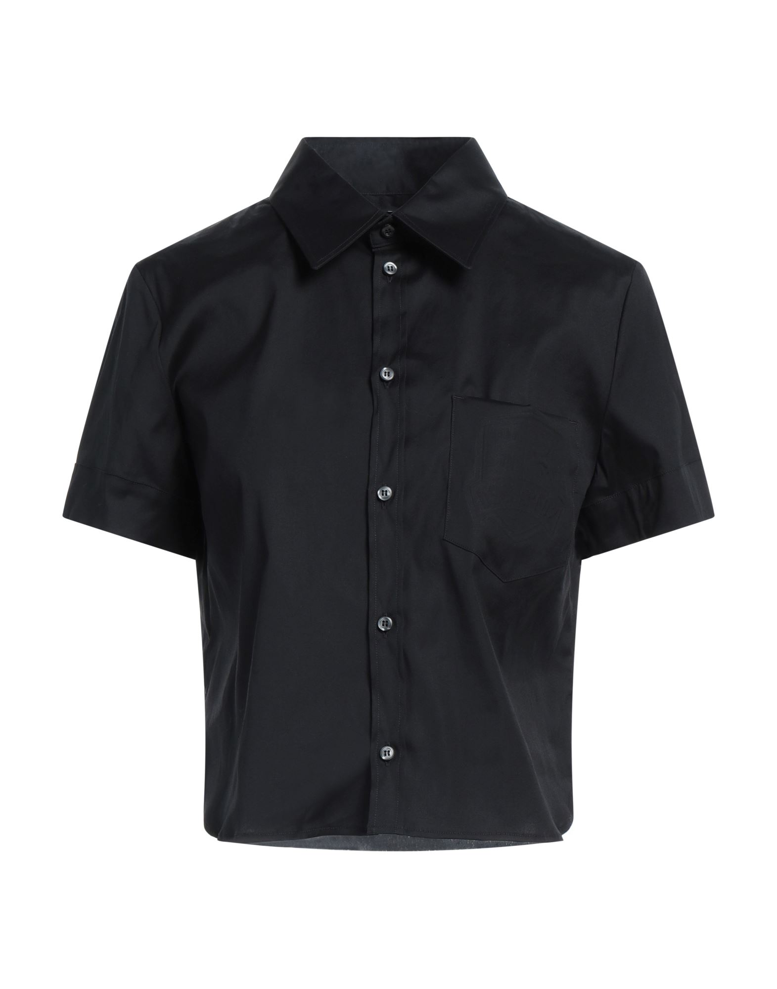 셔츠, 우븐, 솔리드 컬러, 브랜드 로고, 클래식 칼라, 쇼트 슬리브, 버튼 여밈, 포켓 1개, 스트레치. 이미지