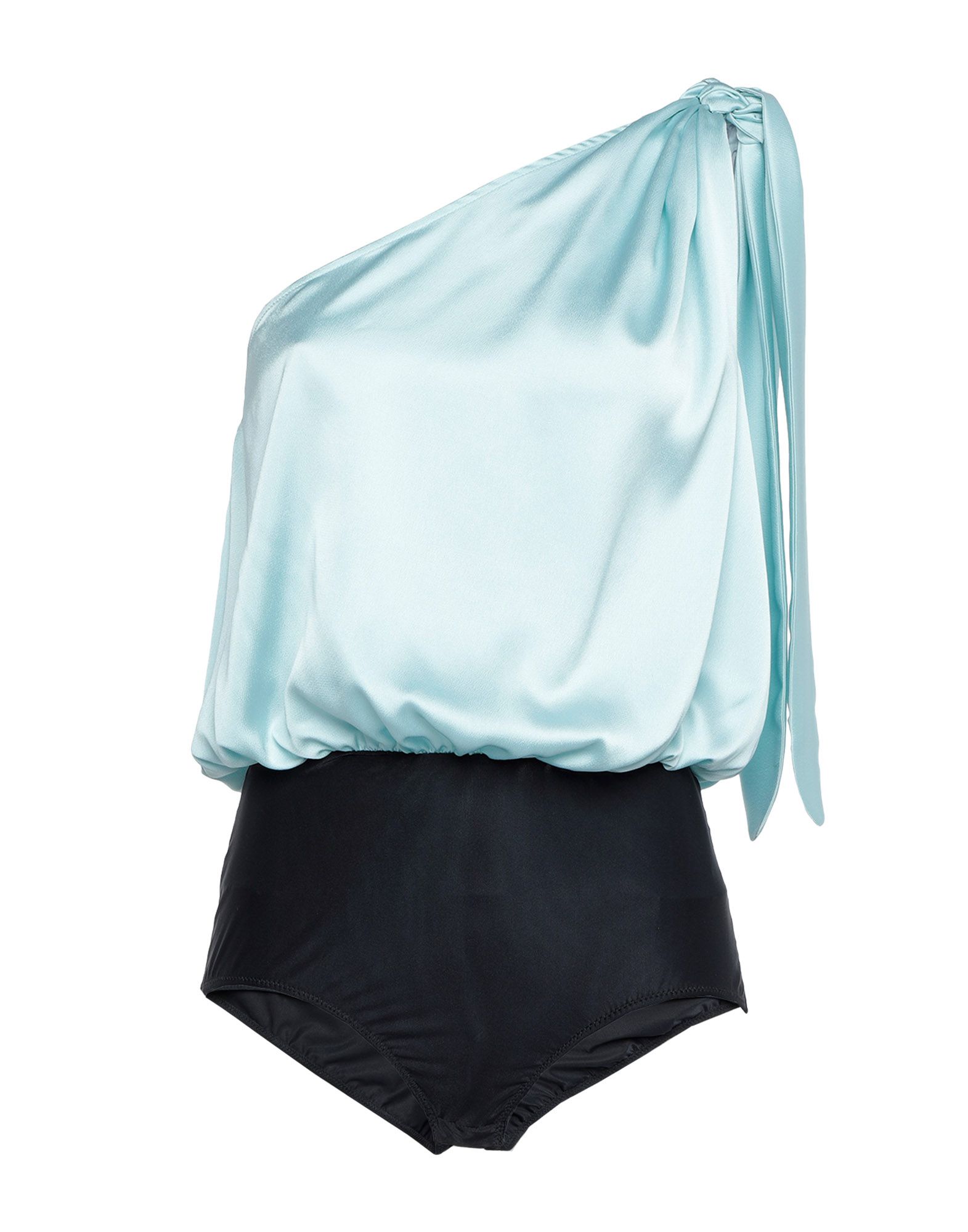 저지, 새틴, 레이스업, 투톤 패턴, 딥 네크라인, 원 숄더, 포켓 없음, 바디수트형. 이미지