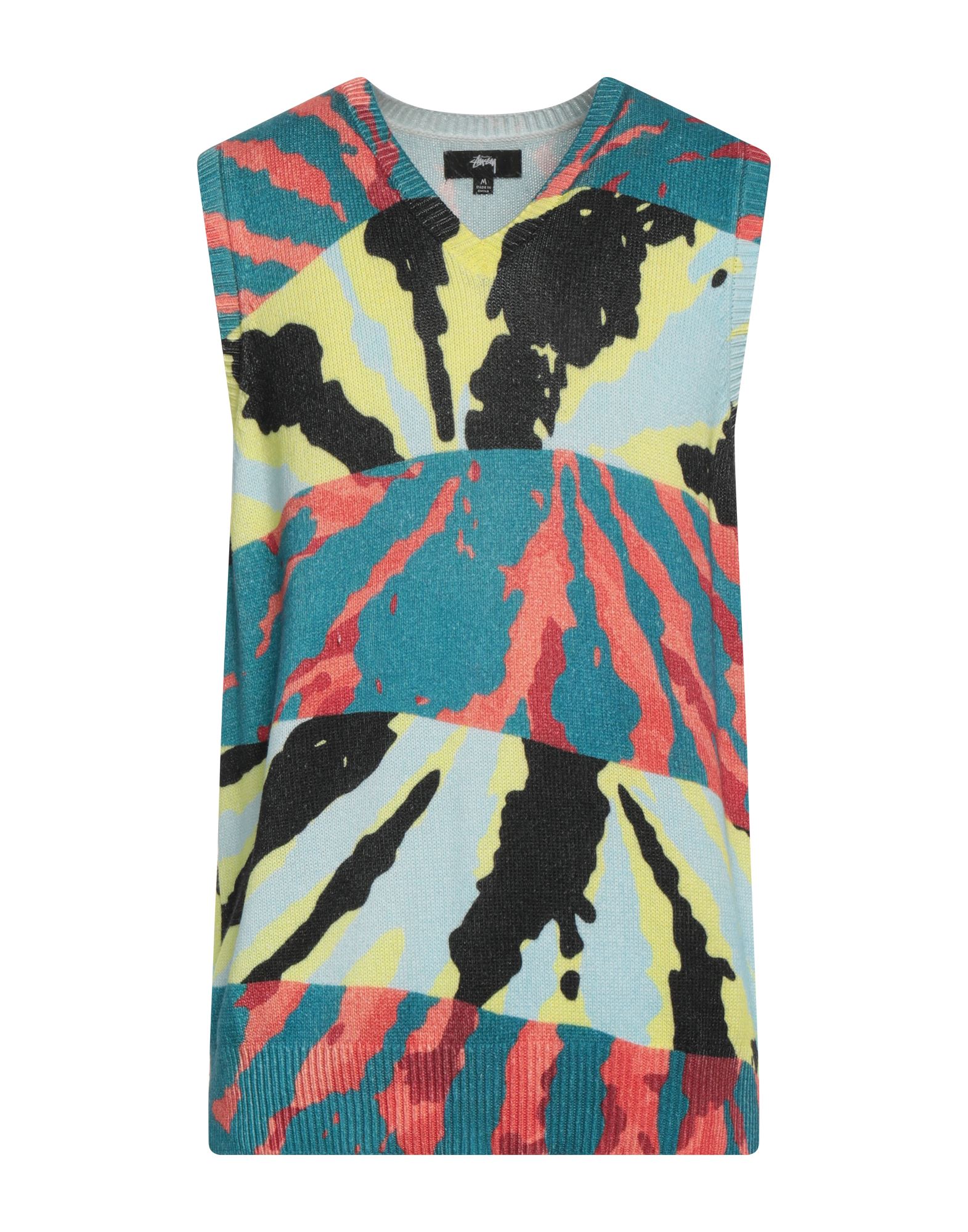 니트 소재, 미디엄웨이트 니트, 장식 부착 없음, 멀티컬러 패턴, v 네크라인, 슬리브리스, 포켓 없음. 이미지