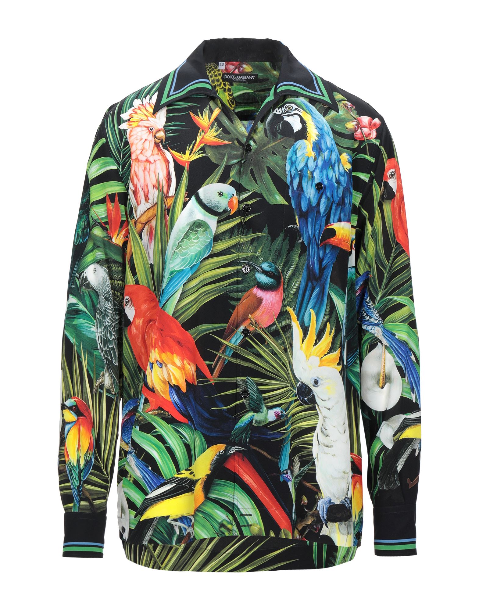 새틴, 브랜드 로고, 하와이안 모티브, 프론트 클로져, 버튼 여밈, 롱 슬리브, 클래식 칼라, 싱글 포켓, 라지 핏. 이미지