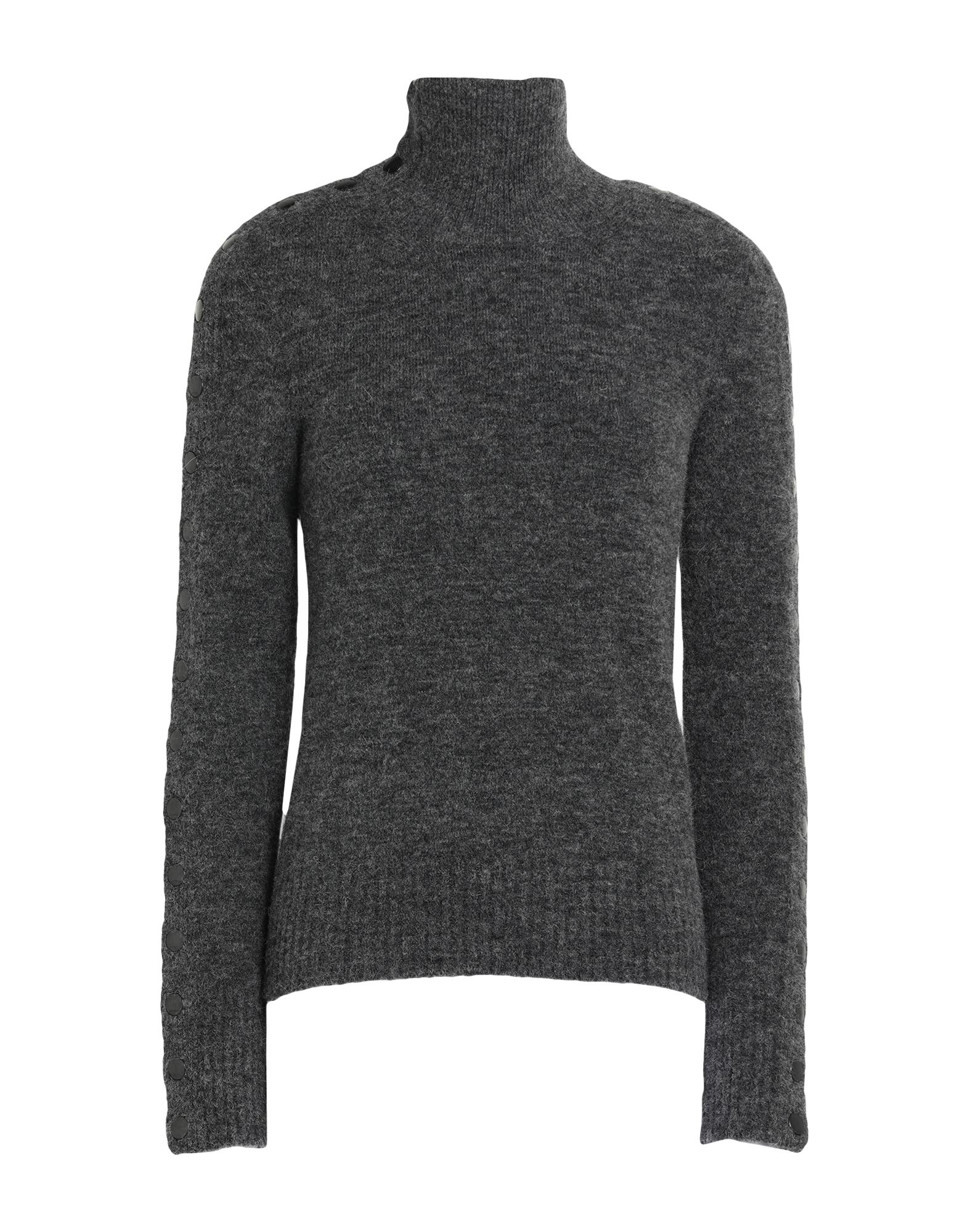 니트 소재, 라이트웨이트 니트, 스트레치 패브릭, 장식 부착 없음, 멜란지, 터틀넥, 롱 슬리브, 스냅버튼 여밈, 포켓 없음, 손세탁 또는 드라이클리닝, 표백 금지, 건조기 사용가능. 이미지