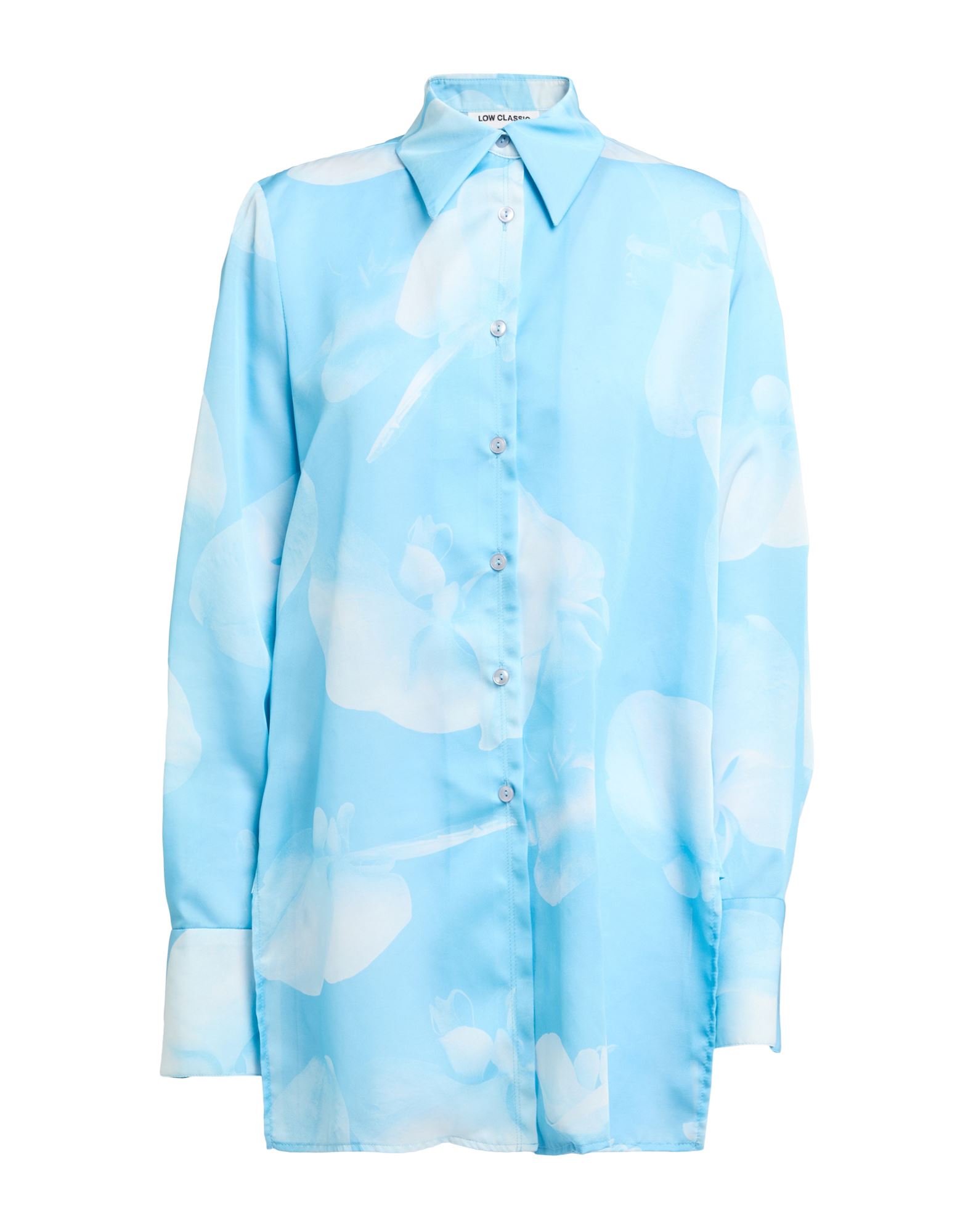 셔츠, 새틴, 플로럴 모티브, 장식 부착 없음, 클래식 칼라, 롱 슬리브, 버튼 커프스, 버튼 여밈, 세탁기로 세탁, 표백 금지, 건조기 사용불가. 이미지