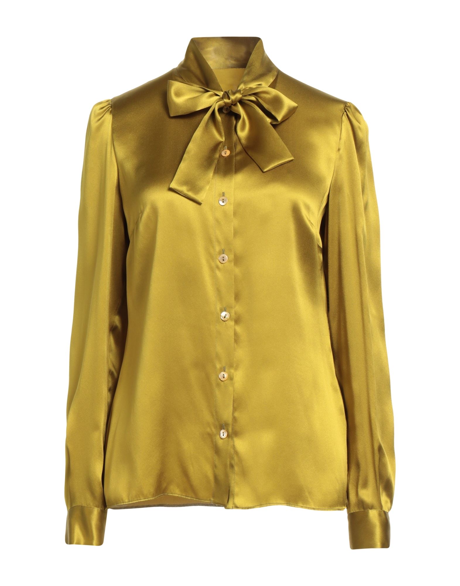 보우 디테일 셔츠, 새틴, 솔리드 컬러, 장식 부착 없음, 롱 슬리브, 버튼 커프스, 버튼 여밈, 드라이클리닝, 표백 금지, 건조기 사용불가. 이미지