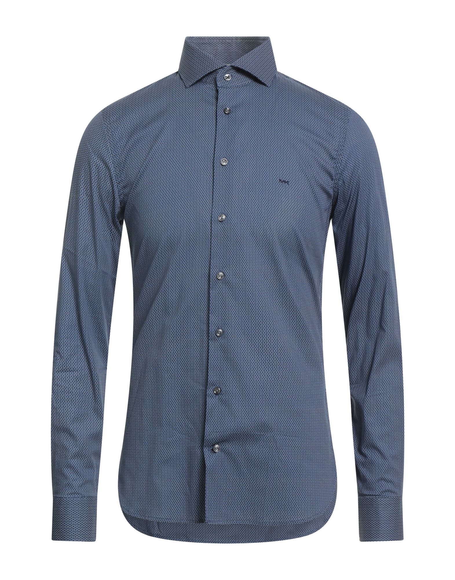 슬림 셔츠, 우븐, 기하학 패턴, 자수 로고 장식, 클래식 칼라, 롱 슬리브, 버튼 커프스, 버튼 여밈, 스트레치, 세탁기 세탁 또는 드라이클리닝, 표백 금지, 건조기 사용불가. 이미지