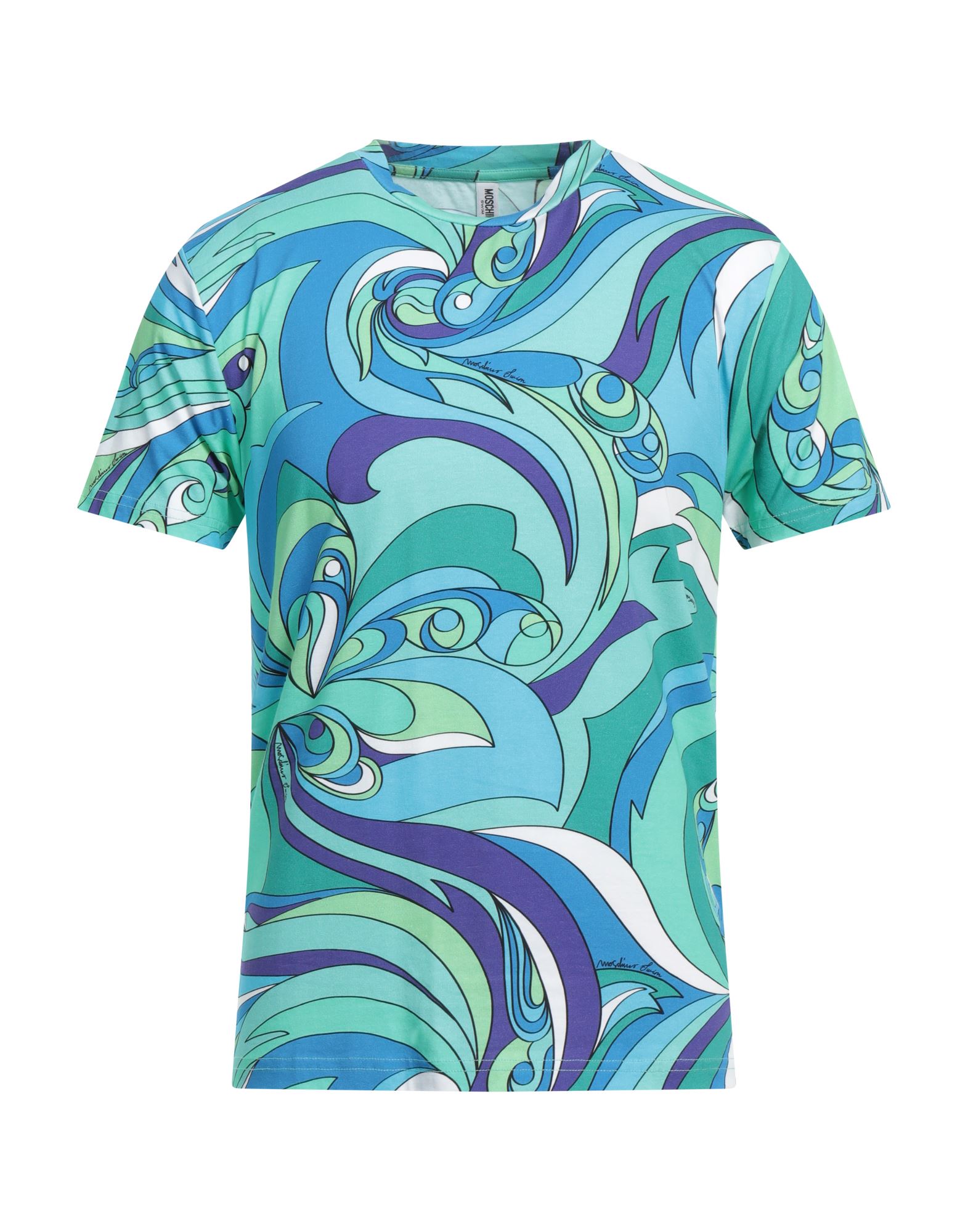 패턴 티셔츠, 저지, 브랜드 로고, 멀티컬러 패턴, 크루넥, 쇼트 슬리브, 스트레치, 세탁기로 세탁, 표백 금지, 건조기 사용불가. 이미지