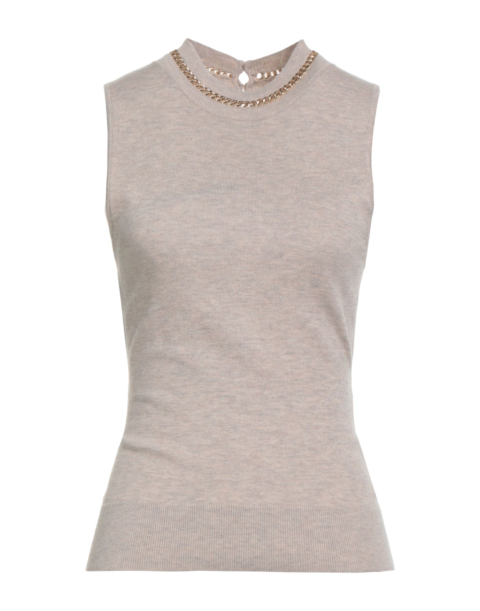 니트 소재, 라이트웨이트 니트, 멜란지, 장식 효과, 크루넥, 슬리브리스, 버튼 여밈, 손세탁, 표백 금지, 건조기 사용불가, 다림질 금지. 이미지