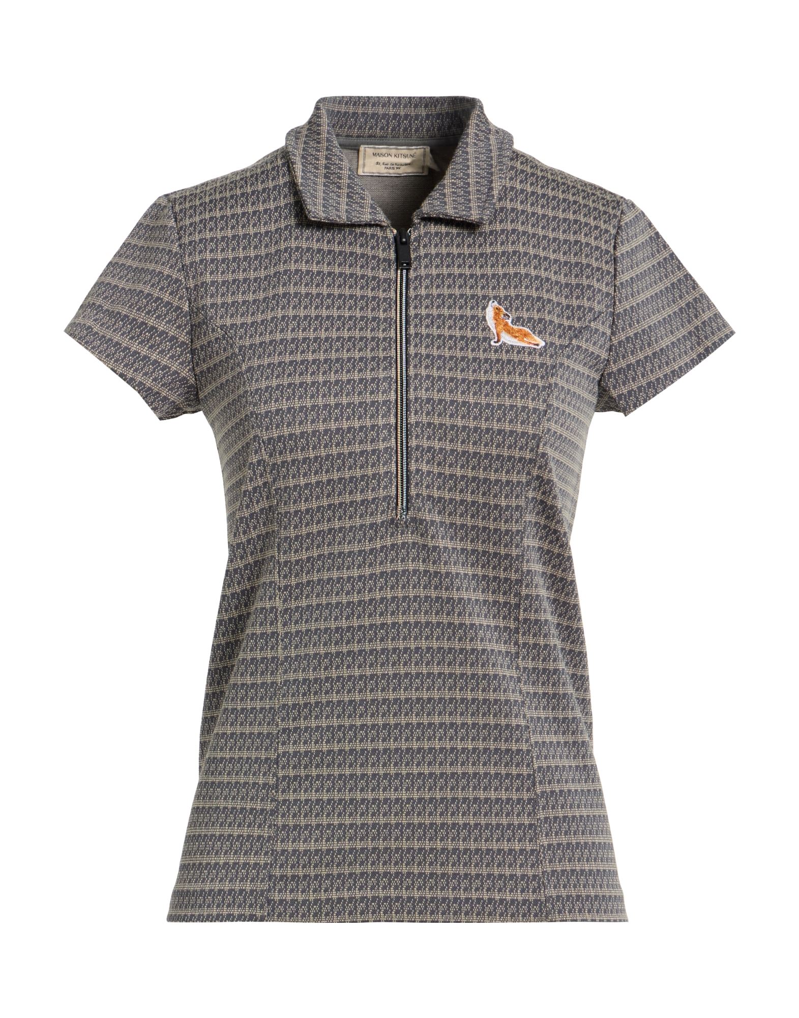 저지, 스트레치 패브릭, 멀티컬러 패턴, 브랜드 로고, 지퍼 넥, 쇼트 슬리브, 세탁기 세탁 또는 드라이클리닝, 표백 금지, 건조기 사용불가. 이미지