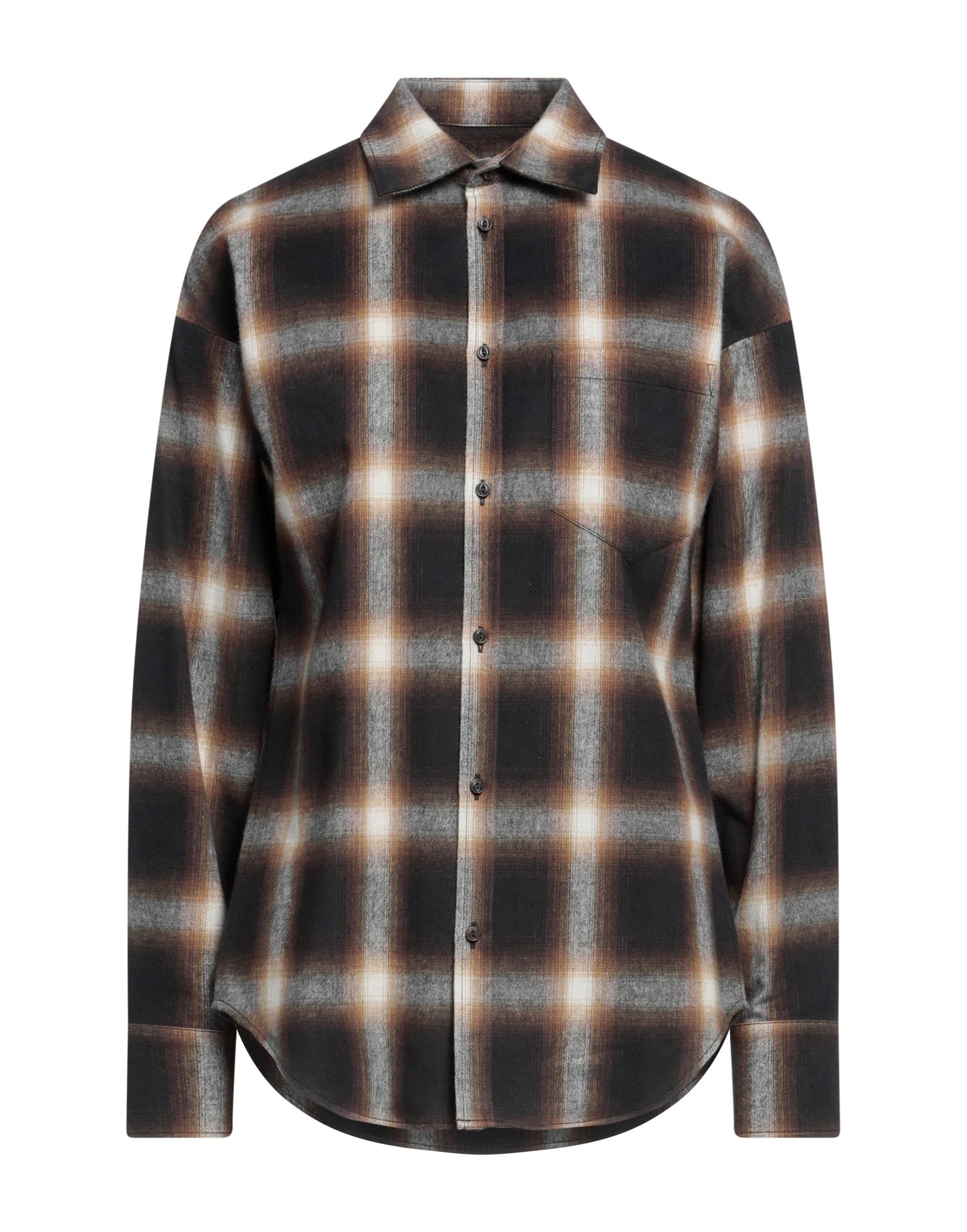 셔츠, 플란넬, 체크, 브랜드 로고, 자수 장식, 클래식 칼라, 롱 슬리브, 버튼 여밈. 이미지