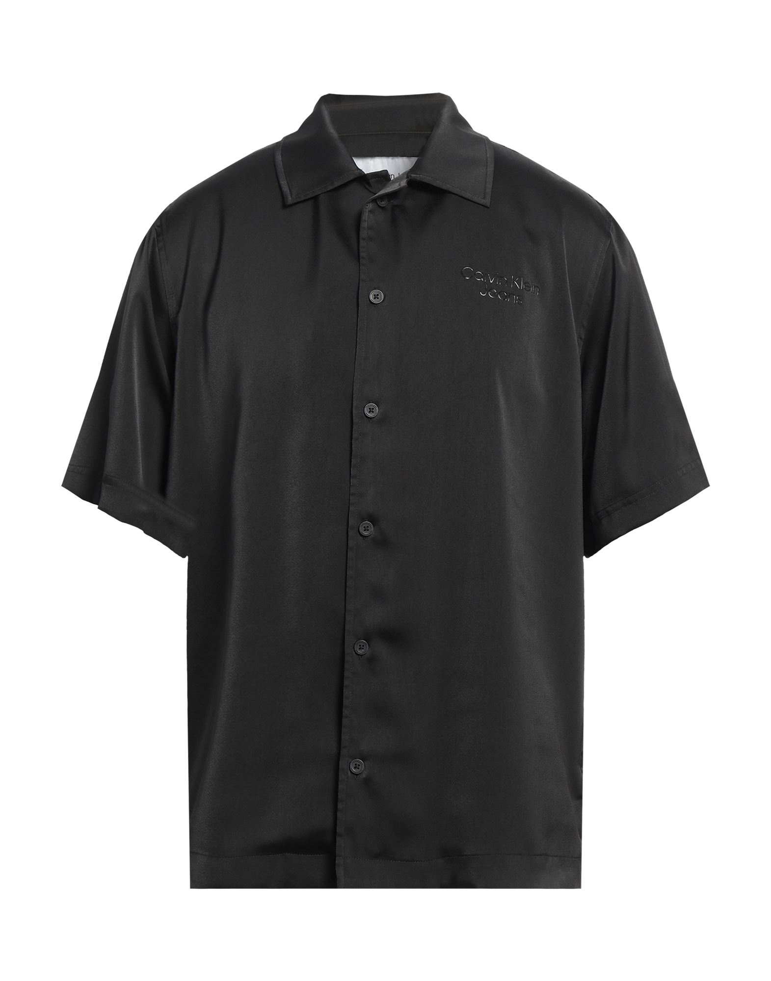 레귤러 셔츠, 새틴, 솔리드 컬러, 브랜드 로고, 클래식 칼라, 쇼트 슬리브, 버튼 여밈. 이미지