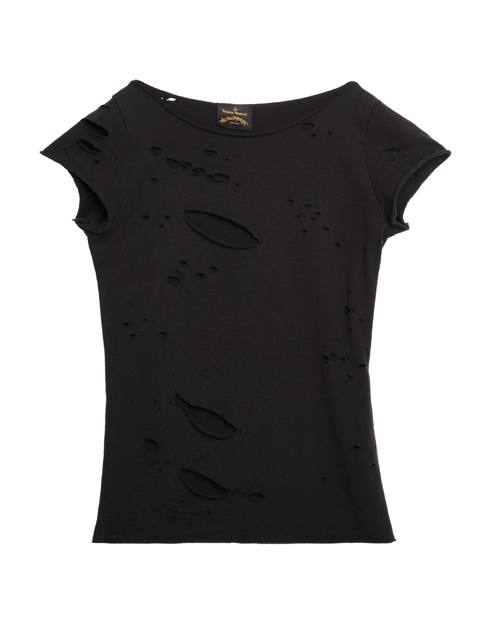 티셔츠, 저지, 디스트레스드 효과, 솔리드 컬러, 장식 부착 없음, 와이드 네크라인, 쇼트 슬리브. 이미지