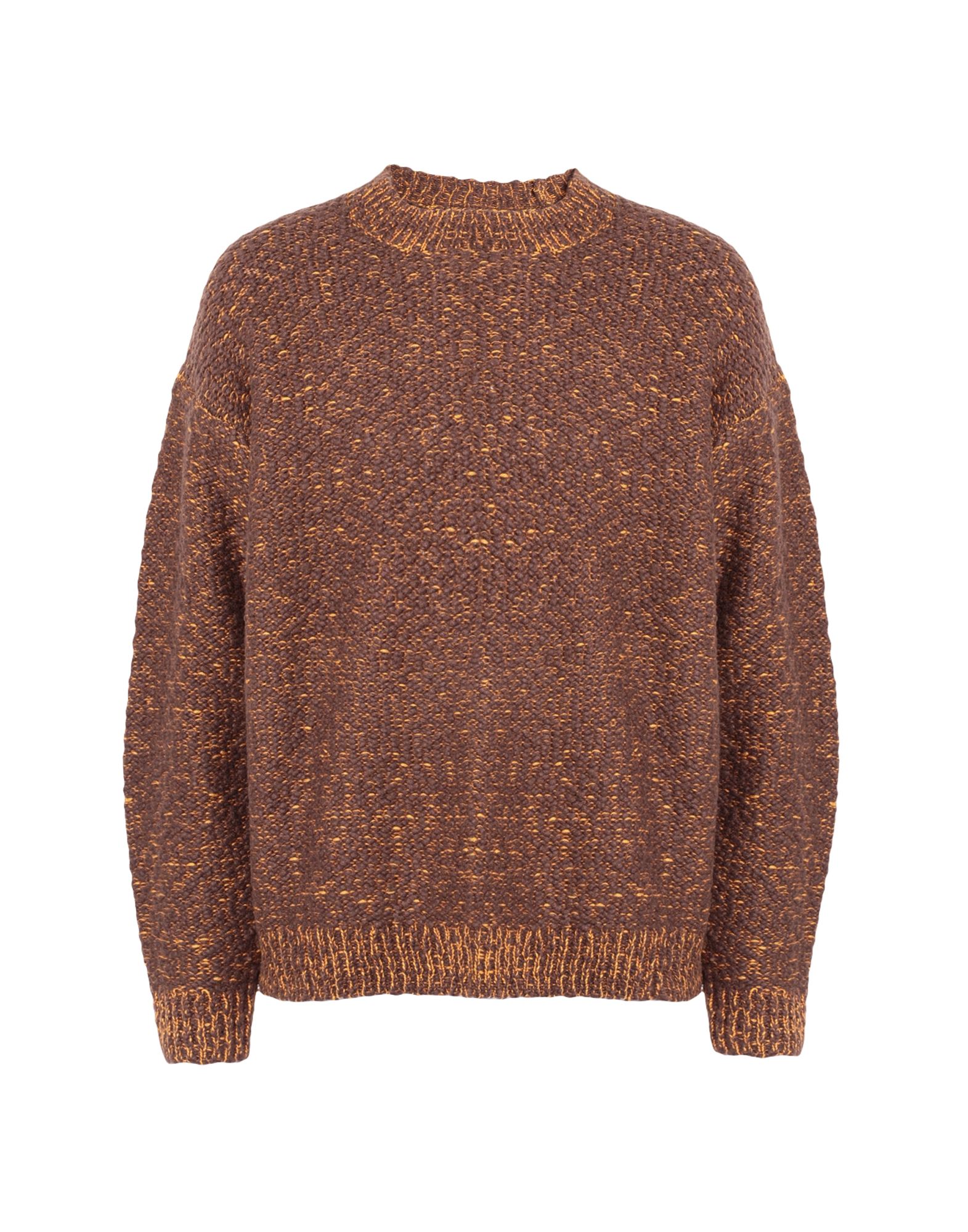 니트 소재, 브랜드 로고, 헤비웨이트 니트, 라운드 네크라인, 투톤 패턴, 롱 슬리브, 포켓 없음, 라지 핏. 이미지