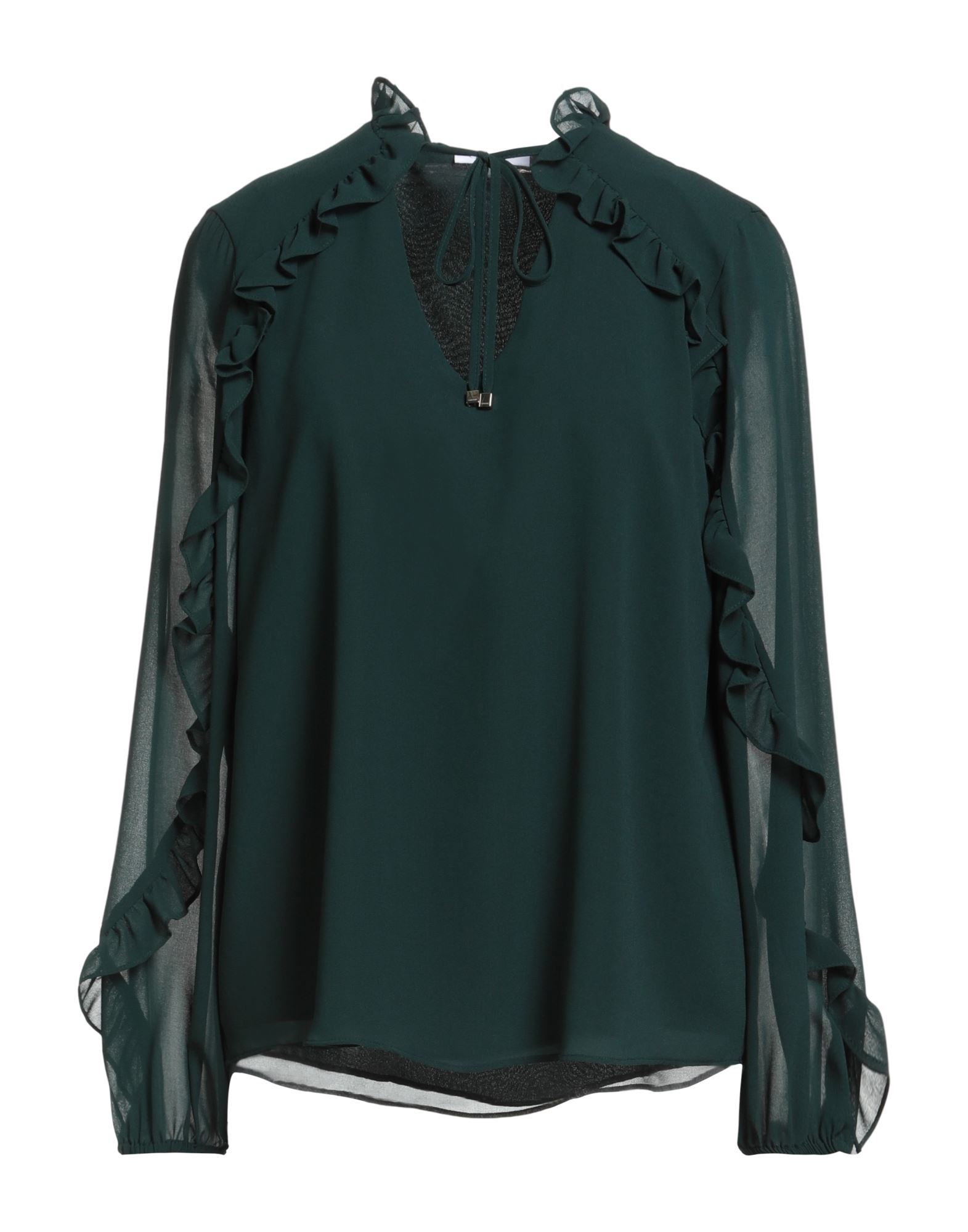 루쉬 디테일 탑, 크레이프, 솔리드 컬러, 장식 부착 없음, v 네크라인, 롱 슬리브, 타이 여밈, 세탁기 세탁 또는 드라이클리닝, 표백 금지, 건조기 사용불가. 이미지