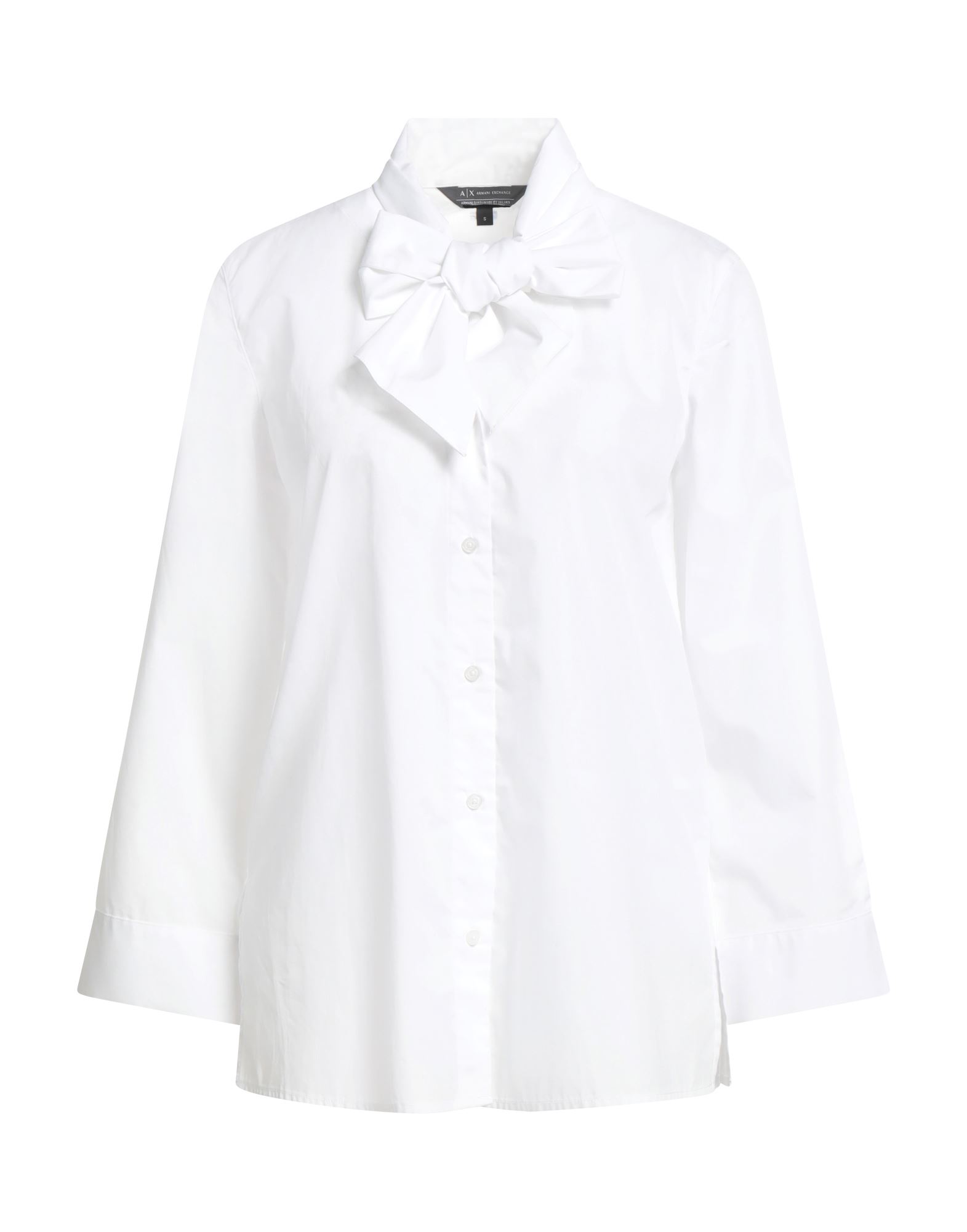 보우 디테일 셔츠, 포플린, 솔리드 컬러, 브랜드 로고, 롱 슬리브, 버튼 여밈, 사이드 슬릿 헴라인, 세탁기로 세탁, 표백 금지, 건조기 사용불가. 이미지