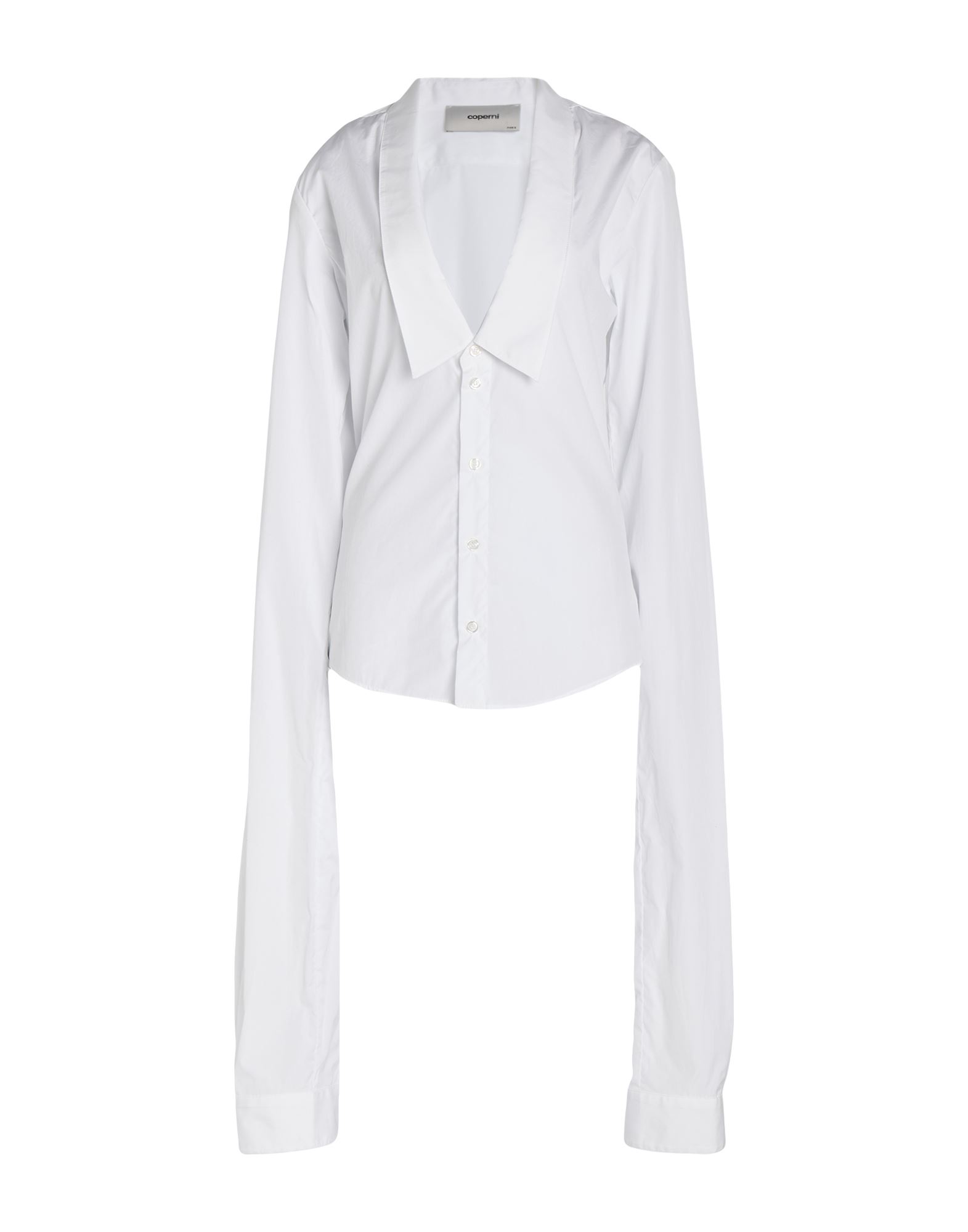 셔츠, 포플린, 솔리드 컬러, 장식 부착 없음, 딥 네크라인, 롱 슬리브, 버튼 커프스, 버튼 여밈, 세탁기 세탁 또는 드라이클리닝, 표백 금지, 건조기 사용불가. 이미지