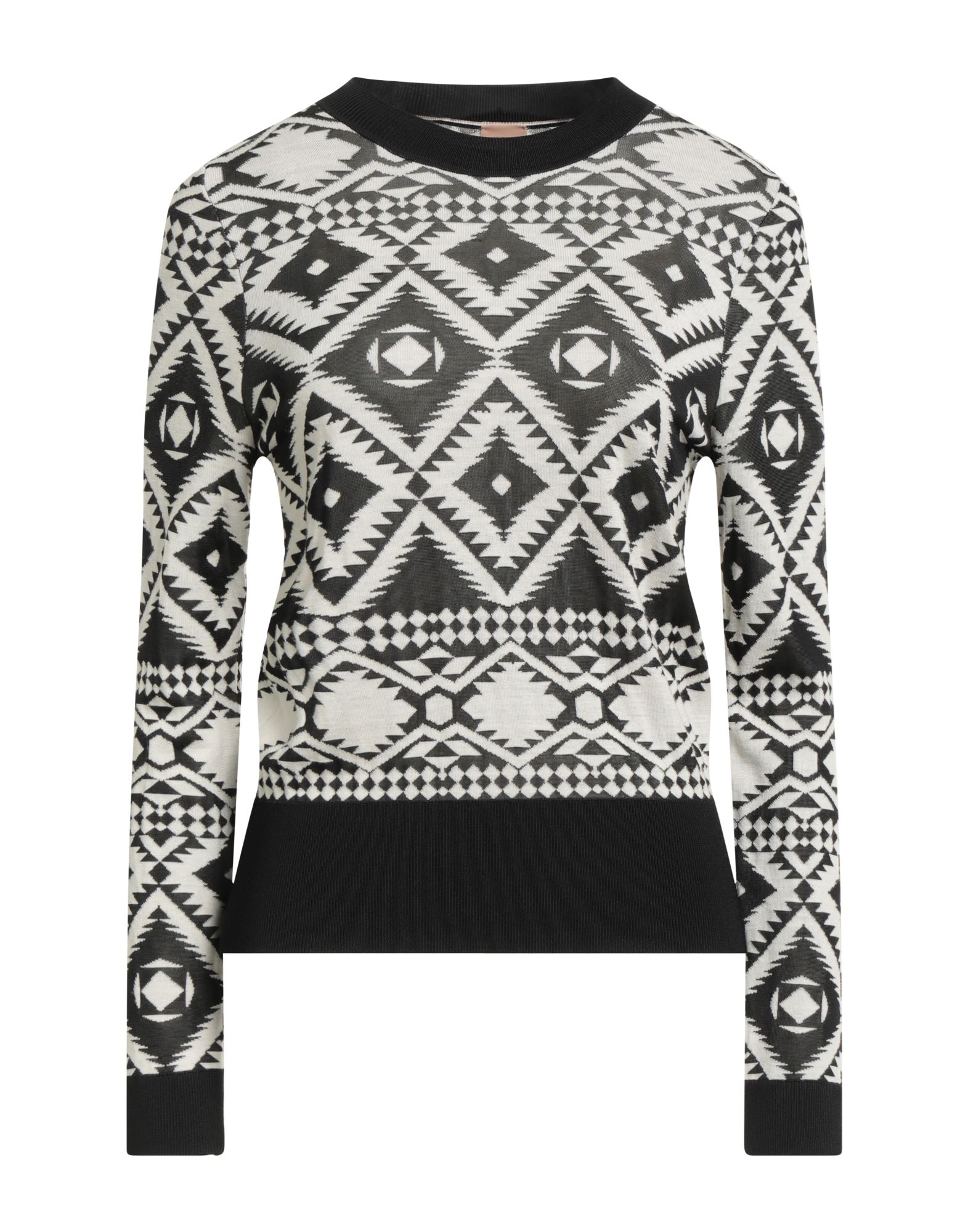 자카드, 라이트웨이트 니트, 기하학 패턴, 장식 부착 없음, 크루넥, 롱 슬리브, 세탁기 세탁 또는 드라이클리닝, 표백 금지, 건조기 사용불가. 이미지