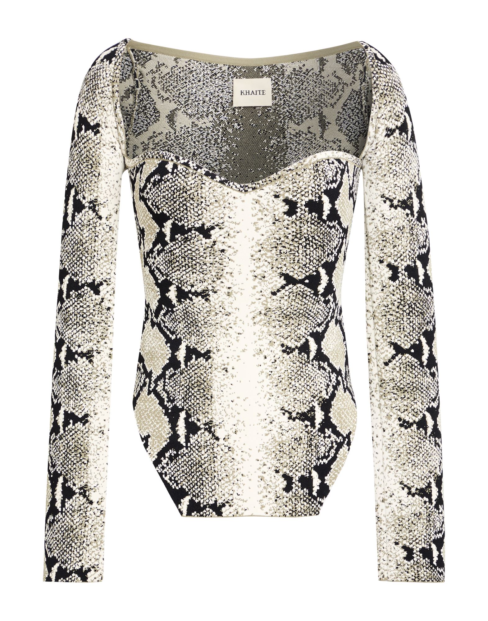 니트 소재, 라이트웨이트 니트, 크로커다일 프린트, 장식 부착 없음, 스위트하트 네크라인, 롱 슬리브, 드라이클리닝, 표백 금지, 건조기 사용불가. 이미지