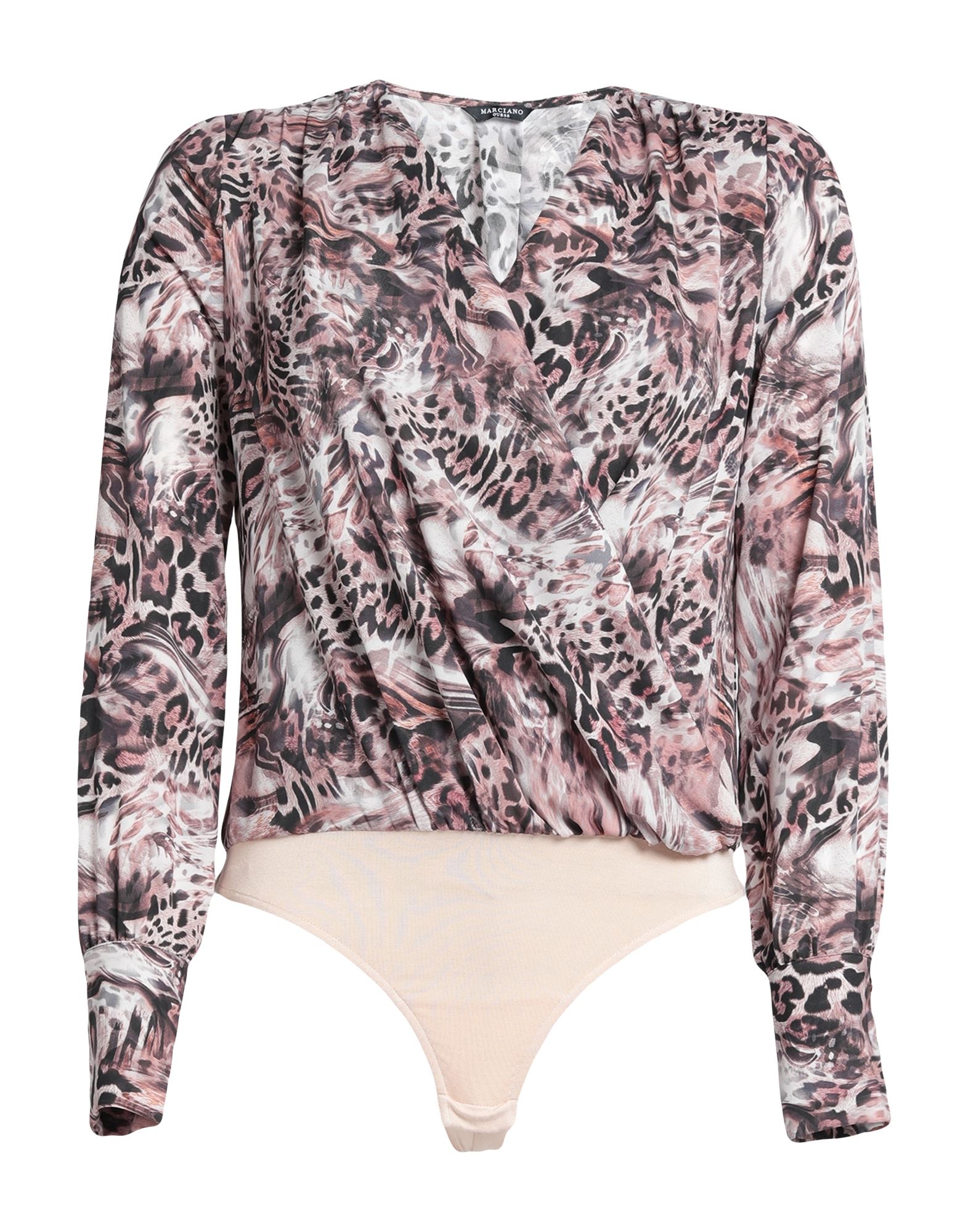 저지, 크레이프, 브랜드 로고, 레오파드 패턴, 딥 네크라인, 롱 슬리브, 버튼 커프스, 포켓 없음, 바디수트형. 이미지