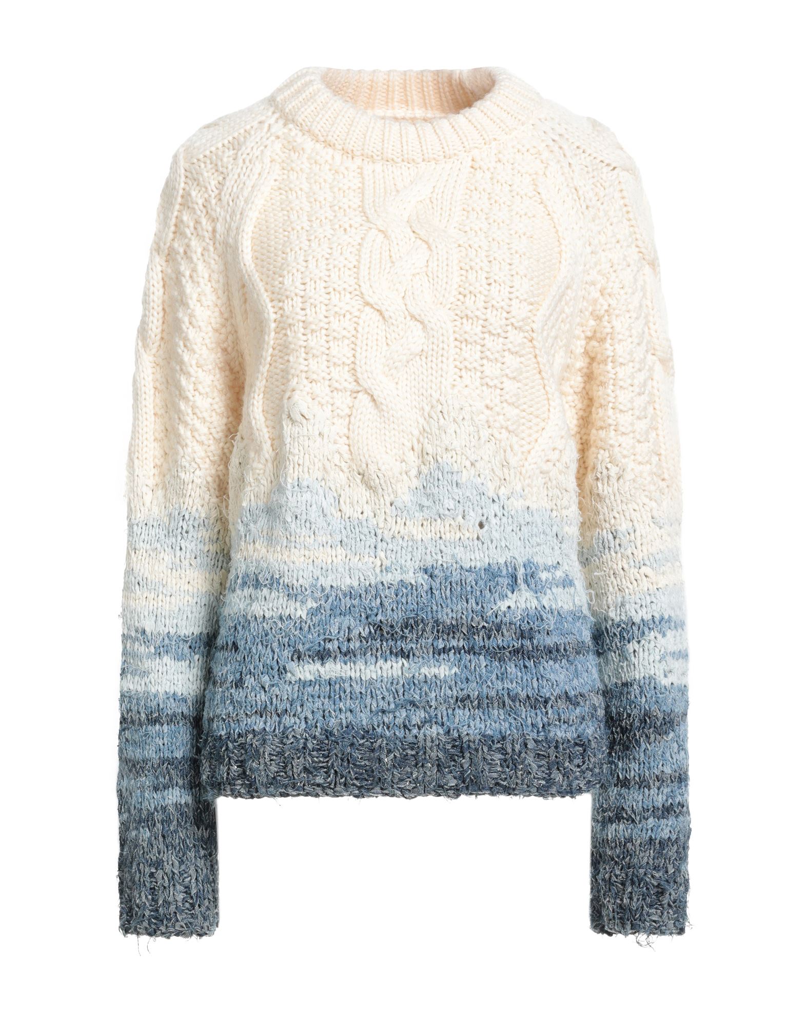 울, 케이블 니트, 헤비웨이트 니트, 장식 부착 없음, 멀티컬러 패턴, 크루넥, 롱 슬리브, 드라이클리닝 금지, 표백 금지, 건조기 사용불가. 이미지