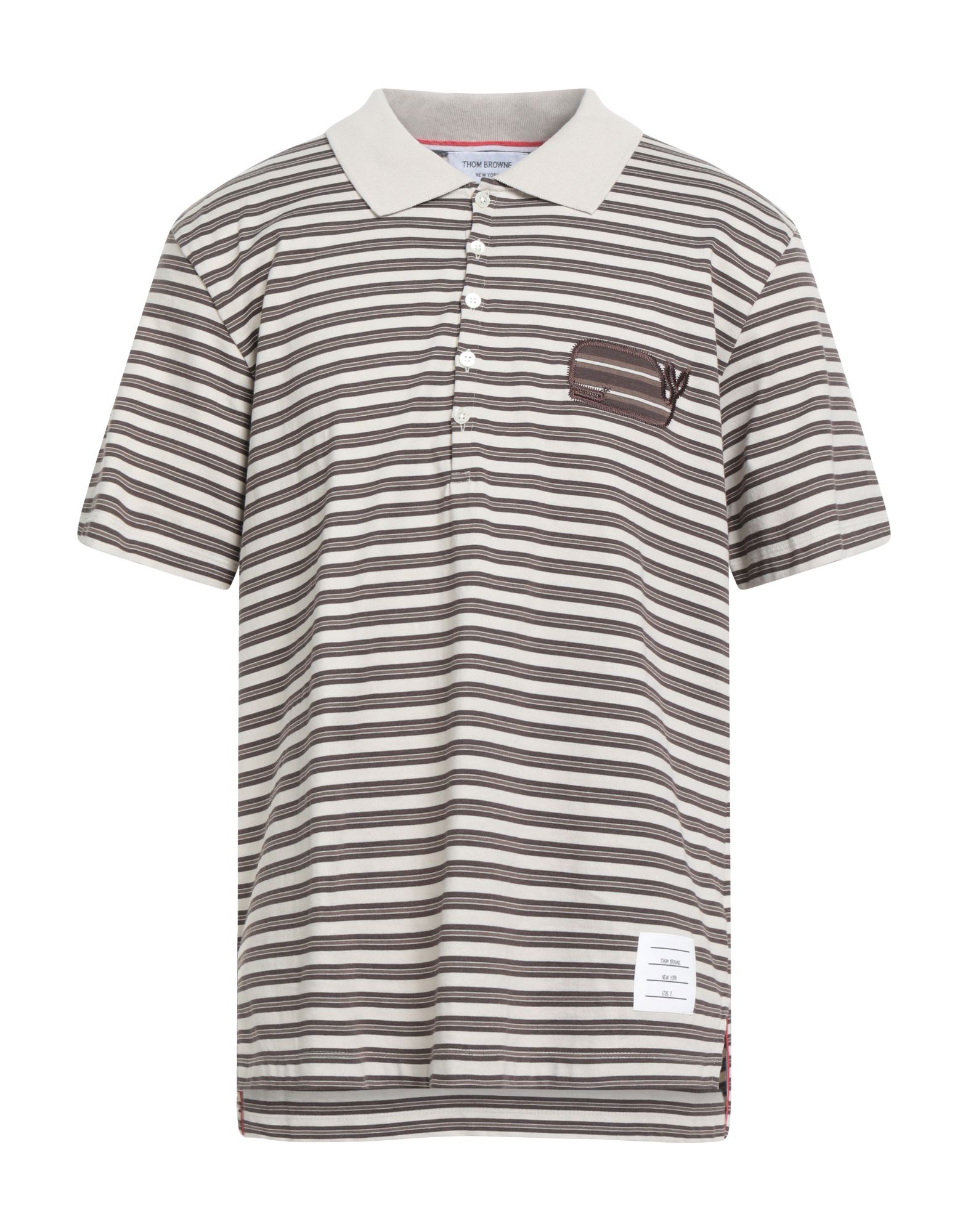 저지, 스트라이프, 브랜드 로고, 버튼 넥, 쇼트 슬리브, 손세탁, 표백 금지, 건조기 사용불가. 이미지