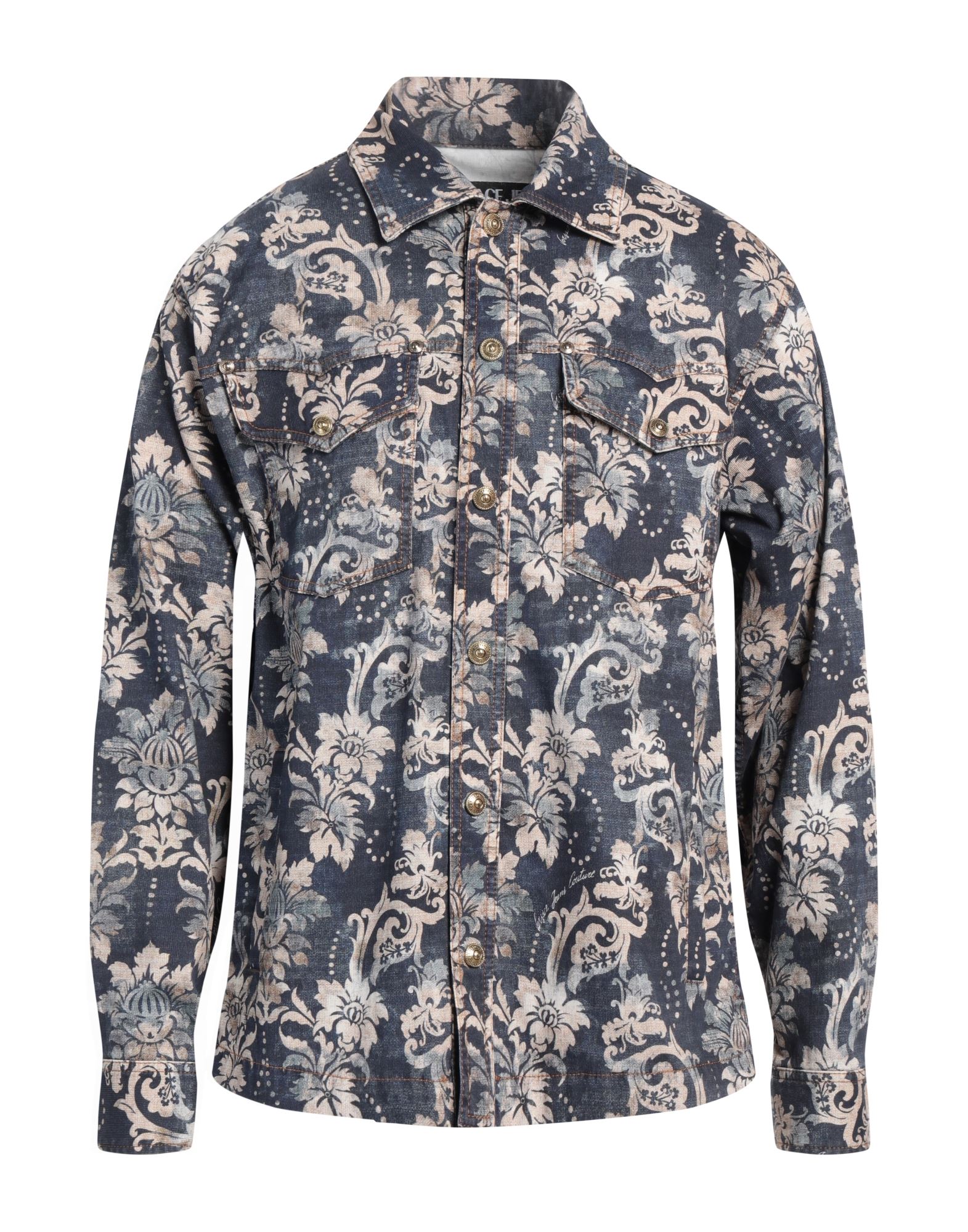 레귤러 셔츠, 우븐, 데님 효과, 장식 부착 없음, 플로럴 모티브, 클래식 칼라, 롱 슬리브, 부분적으로 안감 처리한 내부, 스냅버튼 여밈, 멀티 포켓, 플랩 포켓, 사이드 슬릿 헴라인, 스트레치, 세탁기로 세탁, 표백 금지, 건조기 사용불가, 이 브랜드는 사이즈가 작게 나옵니다. 이미지