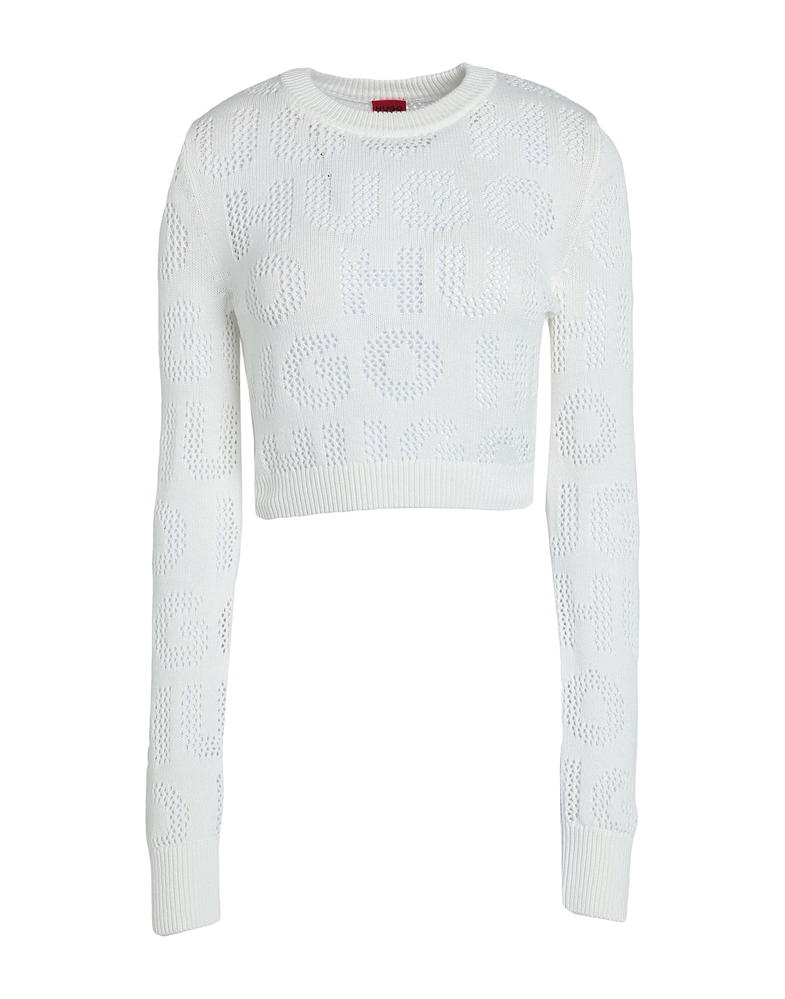 니트 소재, 퍼포레이트, 라이트웨이트 니트, 크롭트, 장식 부착 없음, 로고 디자인, 크루넥, 롱 슬리브, 세탁기 세탁 또는 드라이클리닝, 표백 금지, 건조기 사용불가. 이미지