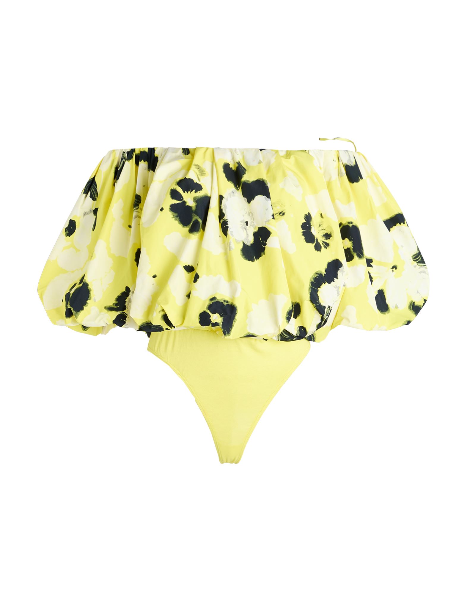 테크니컬 패브릭, 플로럴 모티브, 개더 디테일, 오프숄더, 3/4길이 슬리브, 퍼프 슬리브, 스냅버튼 여밈, 세탁기 세탁 또는 드라이클리닝, 표백 금지, 건조기 사용불가. 이미지