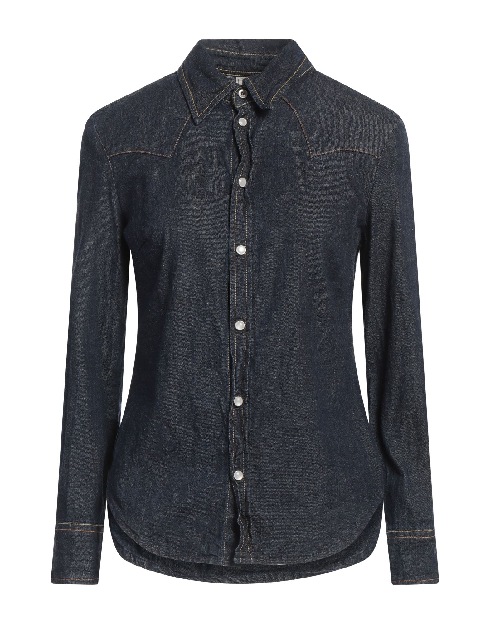 데님, 솔리드 컬러, 장식 부착 없음, 다크 워싱, 클래식 칼라, 롱 슬리브, 스냅버튼 커프스, 스냅버튼 여밈, 세탁기로 세탁, 표백 금지, 건조기 사용불가. 이미지