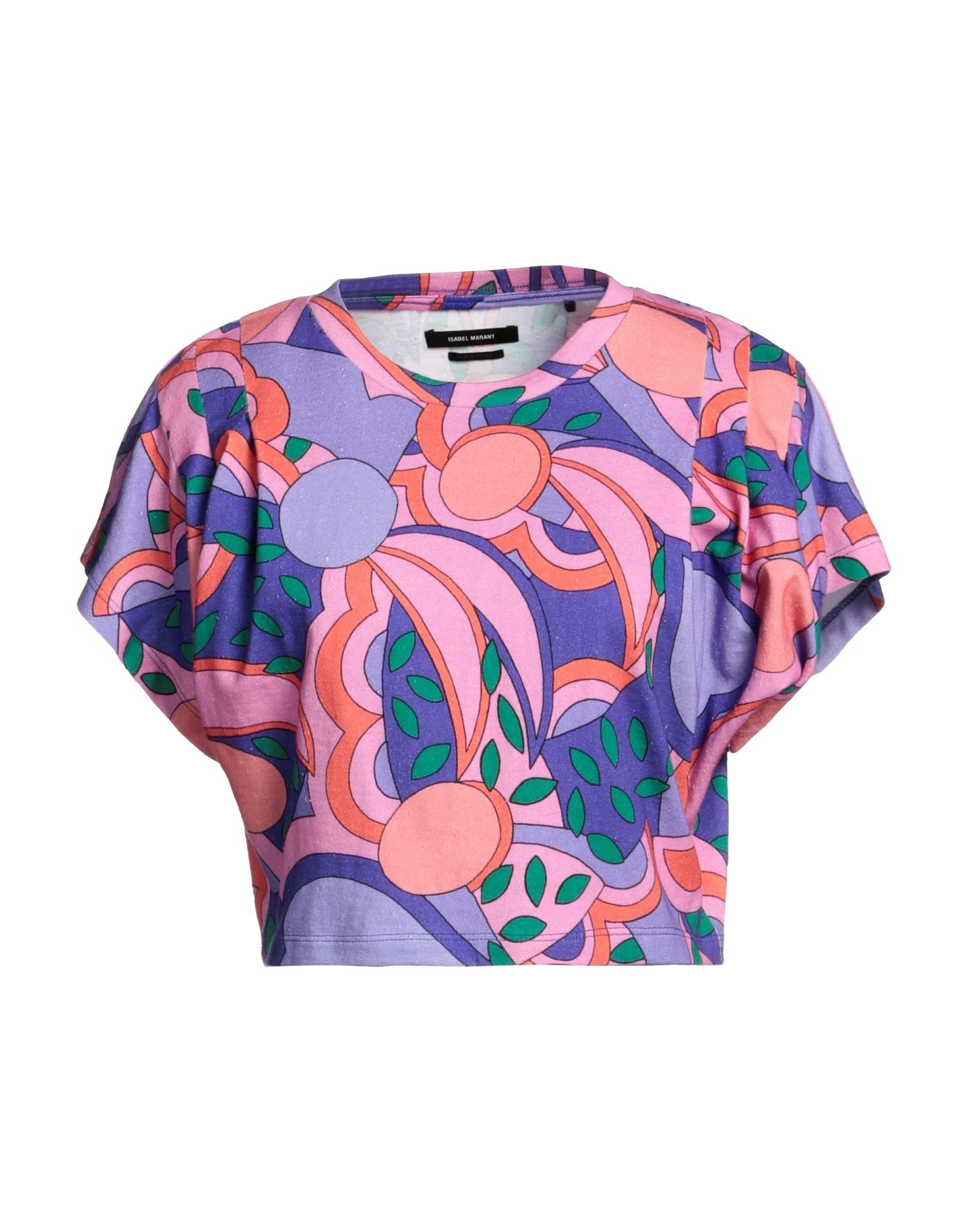 크롭 티, 저지, 멀티컬러 패턴, 장식 부착 없음, 크루넥, 쇼트 슬리브, 세탁기 세탁 또는 드라이클리닝, 표백 금지, 건조기 사용불가. 이미지