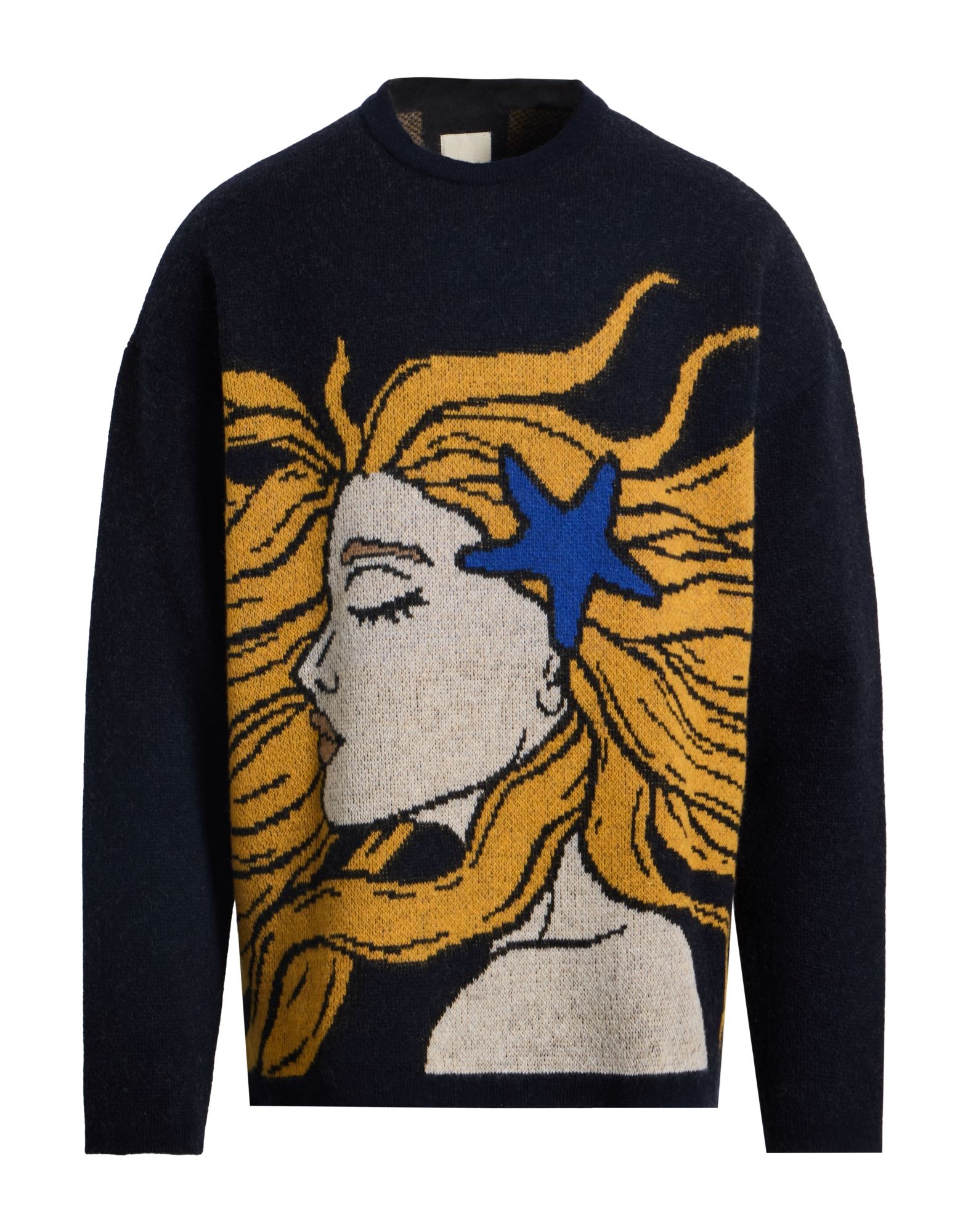 자카드 니트, 미디엄웨이트 니트, 장식 부착 없음, 멀티컬러 패턴, 크루넥, 롱 슬리브, 재활용 소재, 손세탁 또는 드라이클리닝, 표백 금지, 건조기 사용불가. 이미지