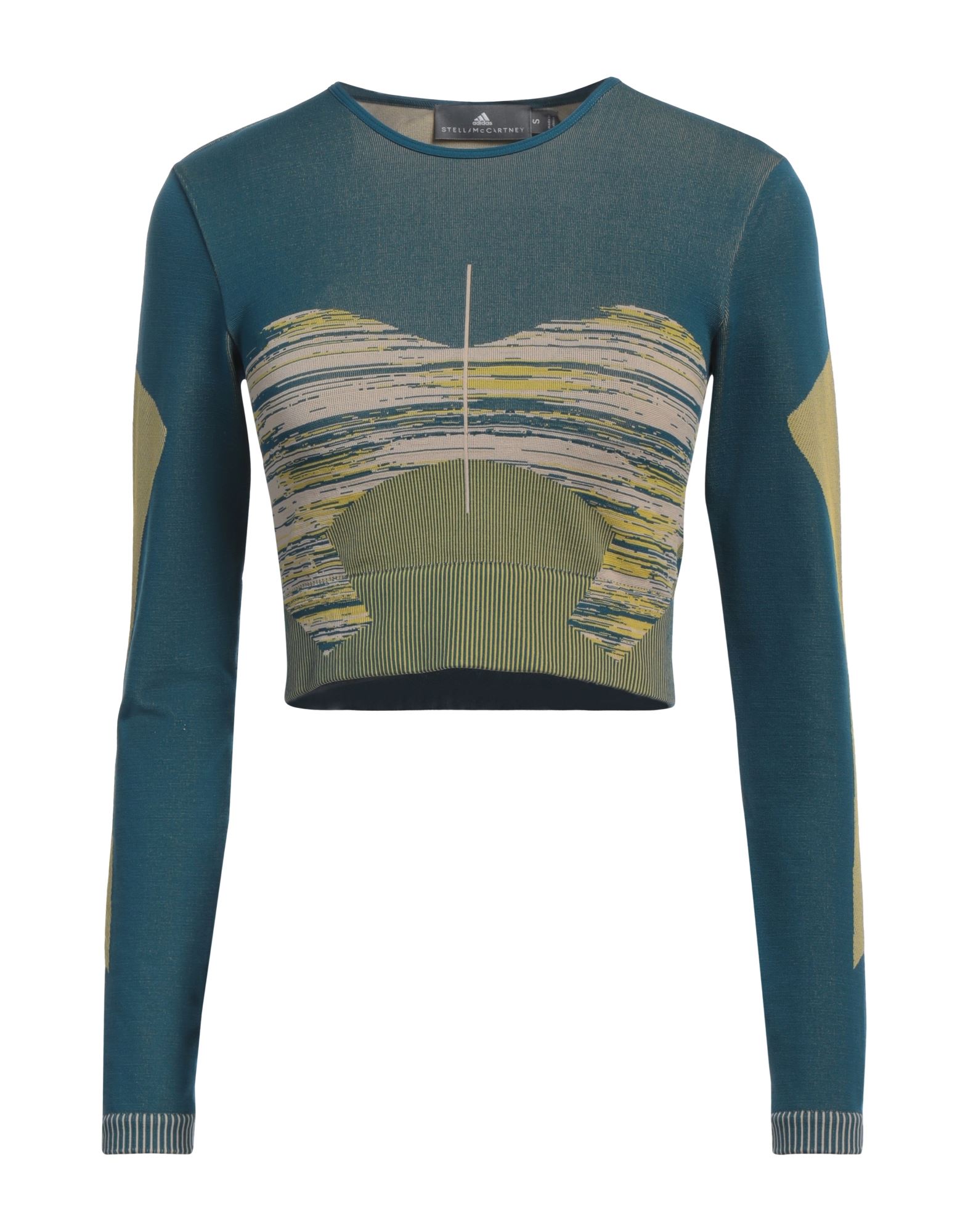 스포츠 탑, 저지, 멀티컬러 패턴, 브랜드 로고, 크루넥, 롱 슬리브, 스트레치, 세탁기로 세탁, 표백 금지, 건조기 사용불가. 이미지