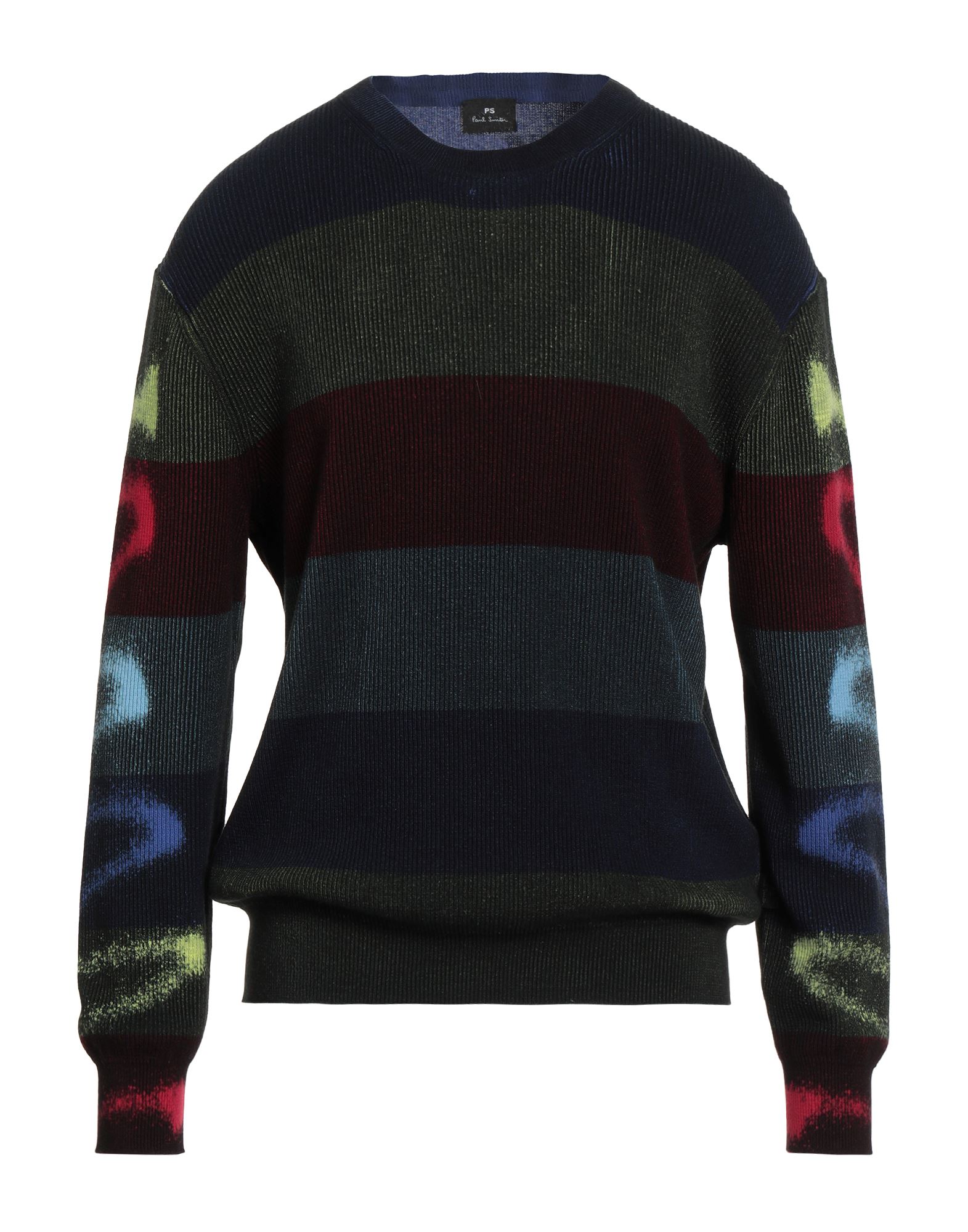 니트 소재, 리브(rib) 조직, 라이트웨이트 니트, 스트라이프, 브랜드 로고, 크루넥, 롱 슬리브, 손세탁 또는 드라이클리닝, 표백 금지, 건조기 사용불가. 이미지