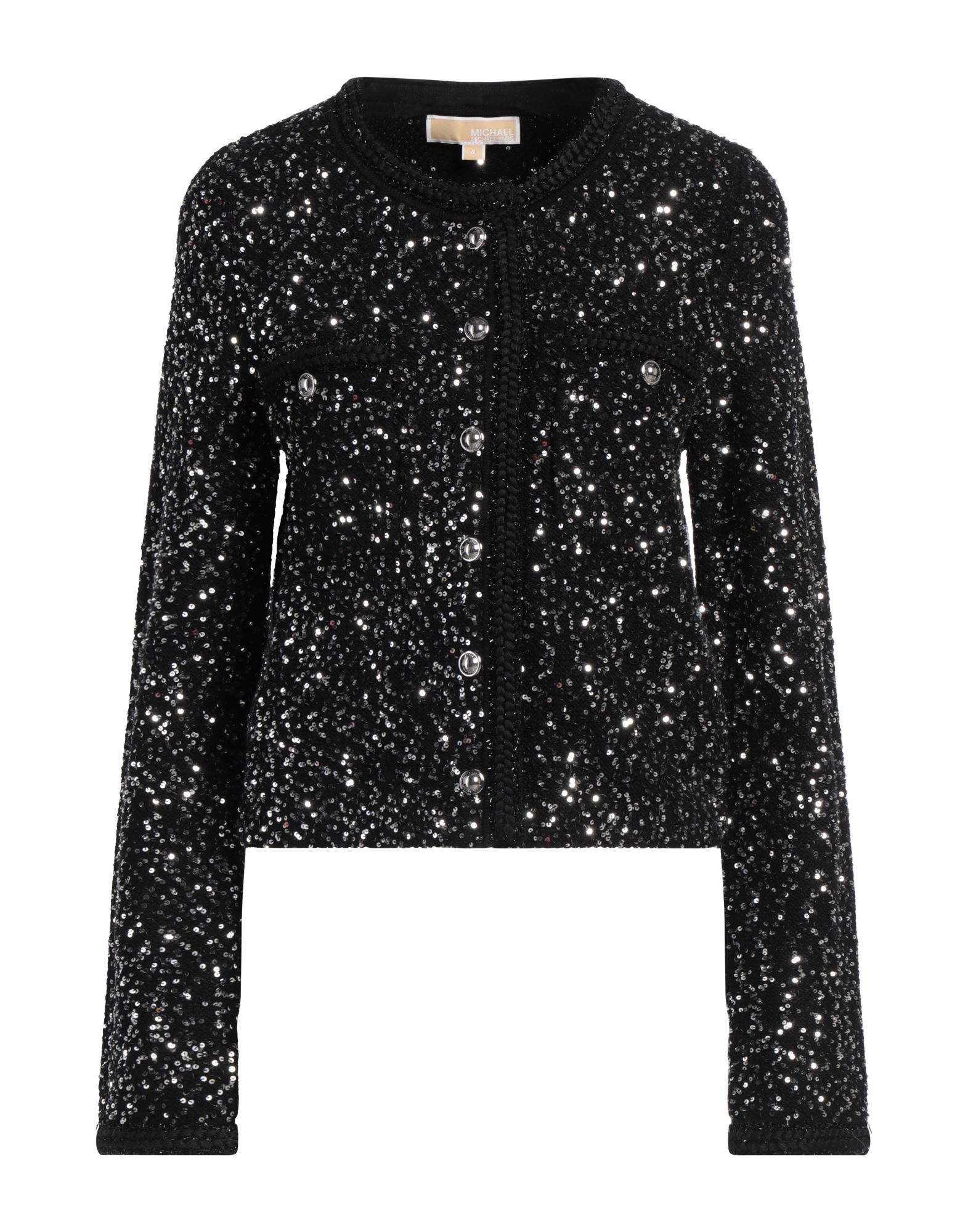 니트 소재, 미디엄웨이트 니트, 투톤 패턴, 시퀸, 롱 슬리브, 스냅버튼 여밈, 포켓 2개, 세탁기 세탁 또는 드라이클리닝, 표백 금지, 건조기 사용불가. 이미지