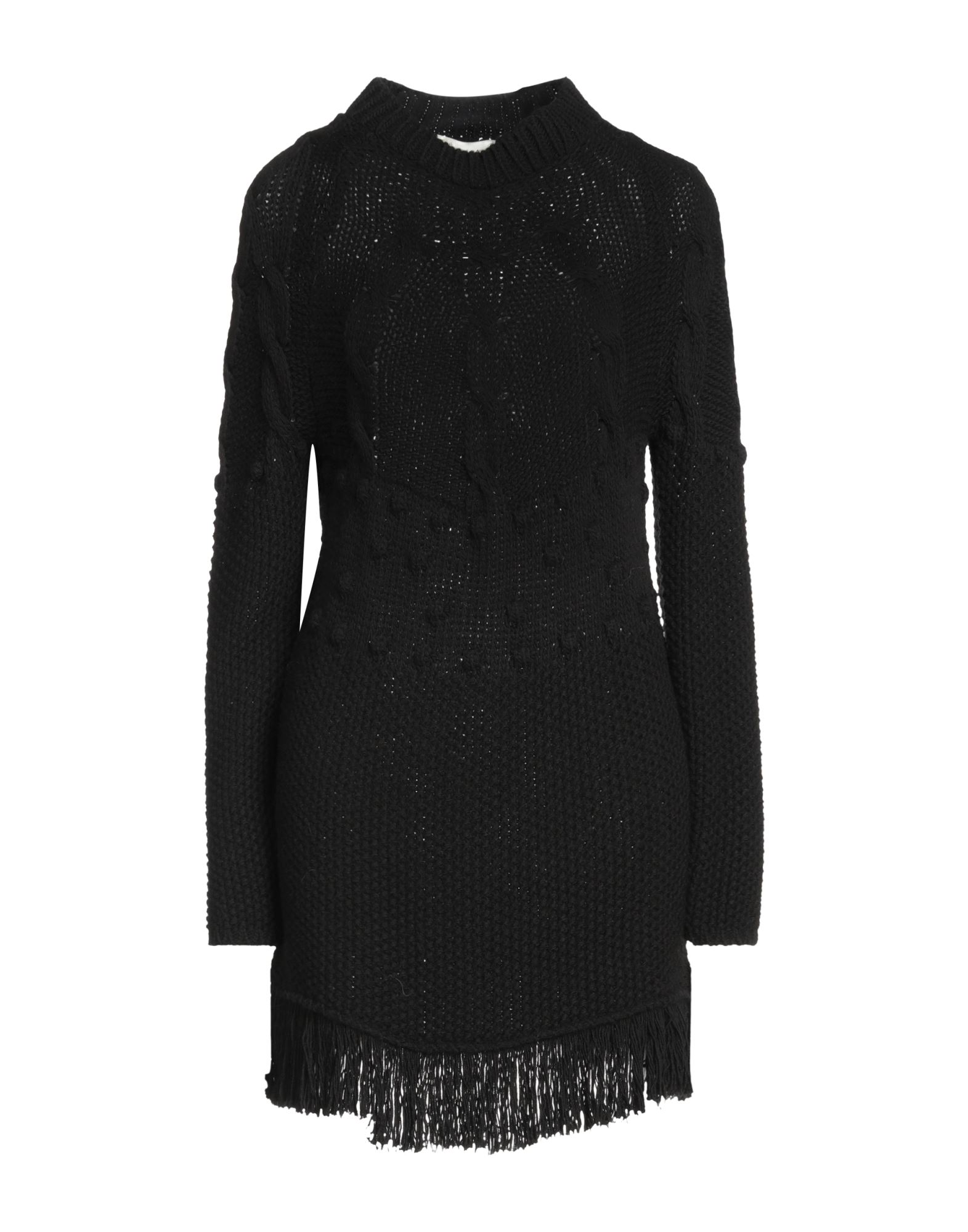 니트 소재, 케이블 스티치, 프린지, 솔리드 컬러, 라운드 네크라인, 롱 슬리브, 포켓 없음, 미디엄웨이트 니트. 이미지