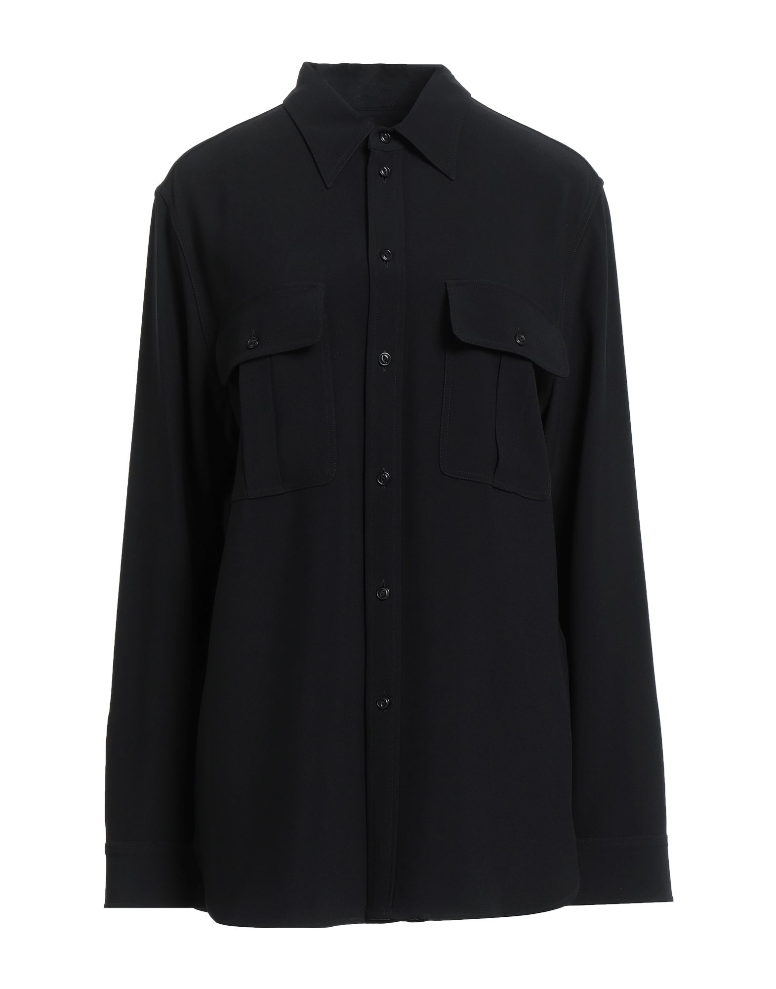 크레이프 드 신, 장식 부착 없음, 솔리드 컬러, 클래식 칼라, 롱 슬리브, 버튼 커프스, 버튼 여밈, 포켓 2개, 사파리 셔츠. 이미지