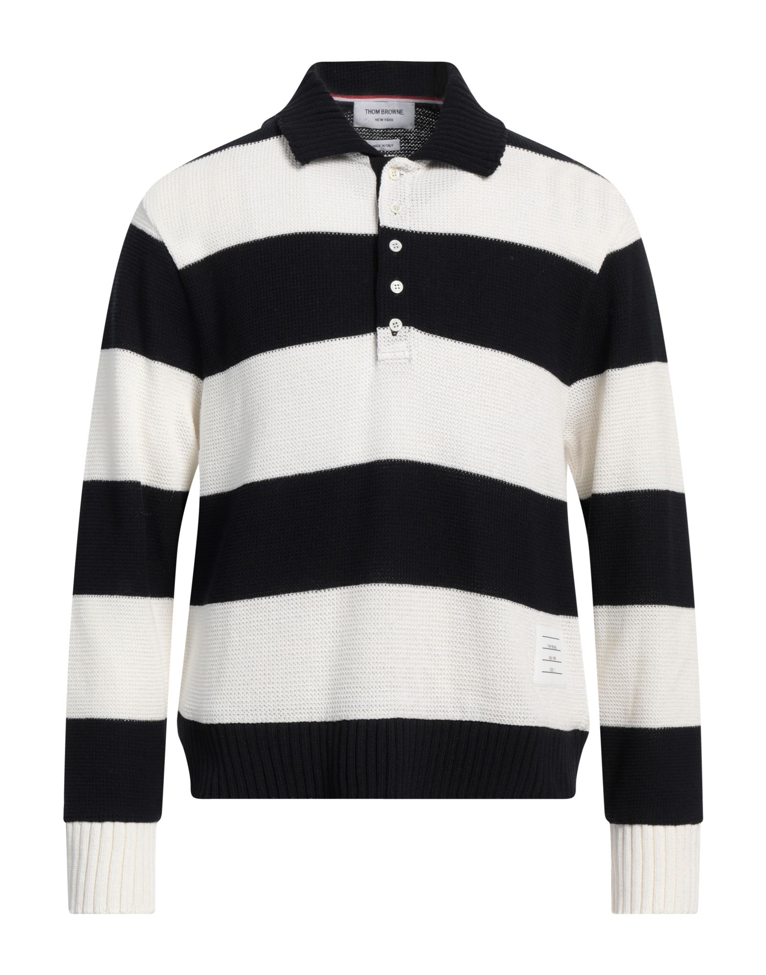 니트 소재, 라이트웨이트 니트, 브랜드 로고, 스트라이프, 폴로 칼라, 롱 슬리브, 버튼 여밈, 드라이클리닝, 표백 금지, 건조기 사용불가. 이미지