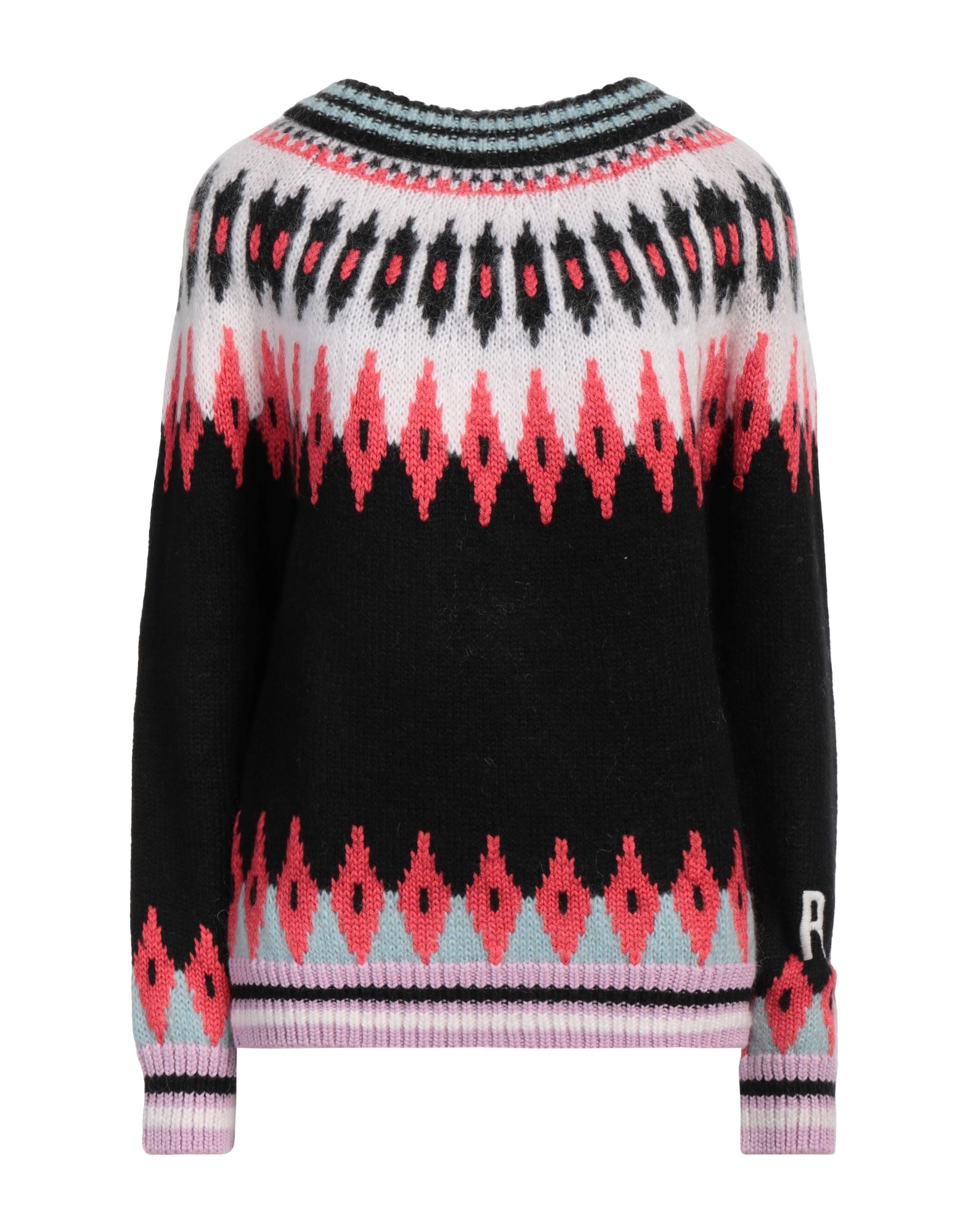 니트 소재, 미디엄웨이트 니트, 자수 장식, 멀티컬러 패턴, 크루넥, 롱 슬리브, 포켓 없음, 스몰 핏. 이미지