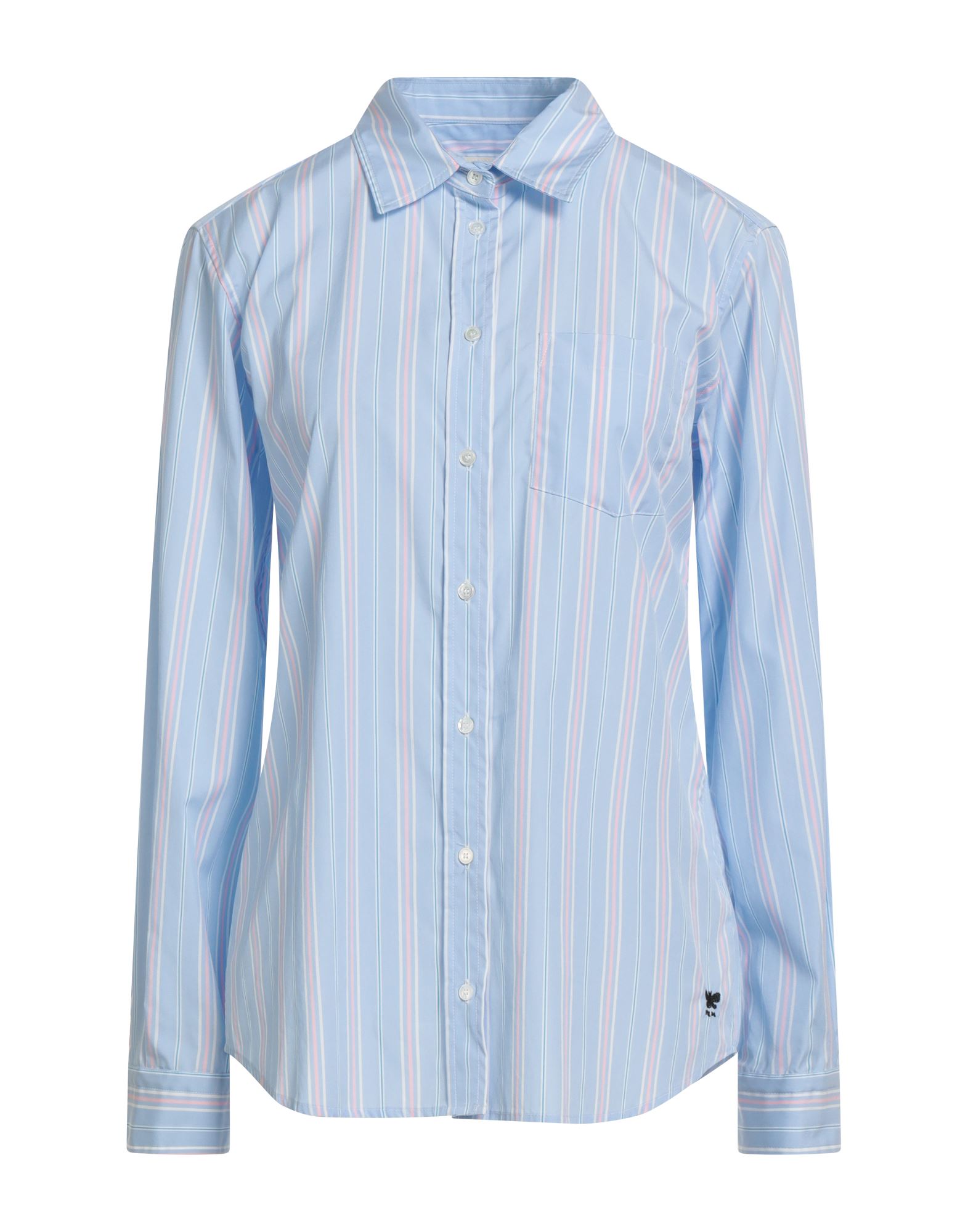 셔츠, 우븐, 스트라이프, 자수 장식, 클래식 칼라, 롱 슬리브, 버튼 커프스, 버튼 여밈, 포켓 1개, 동물성 비섬유 자재 함유, 세탁기 세탁 또는 드라이클리닝, 표백 금지, 건조기 사용불가. 이미지