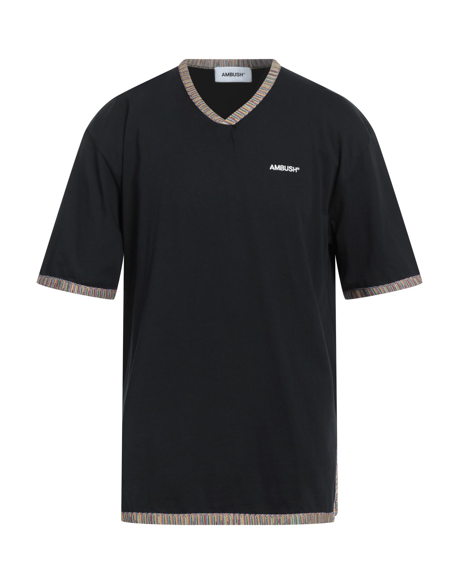 티셔츠, 저지, 투톤 패턴, 자수 장식, 브랜드 로고, v 네크라인, 쇼트 슬리브, 스트레치, 세탁기로 세탁, 건조기 사용불가. 이미지