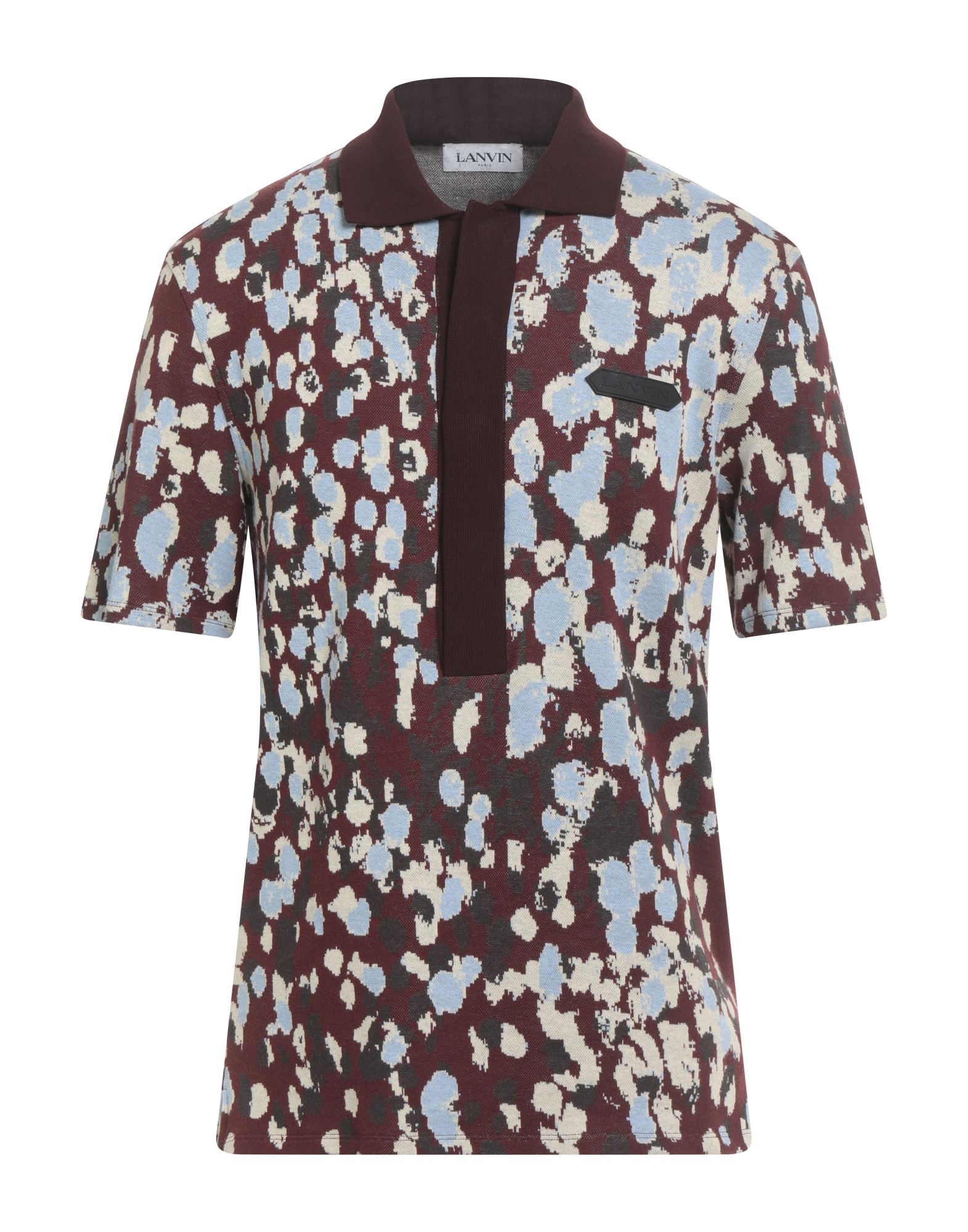 자카드 니트, 라이트웨이트 니트, 브랜드 로고, 멀티컬러 패턴, 버튼 넥, 쇼트 슬리브, 옆면 롱 슬릿, 세탁기 세탁 또는 드라이클리닝, 표백 금지, 건조기 사용불가, 이 브랜드는 사이즈가 크게 나옵니다. 이미지