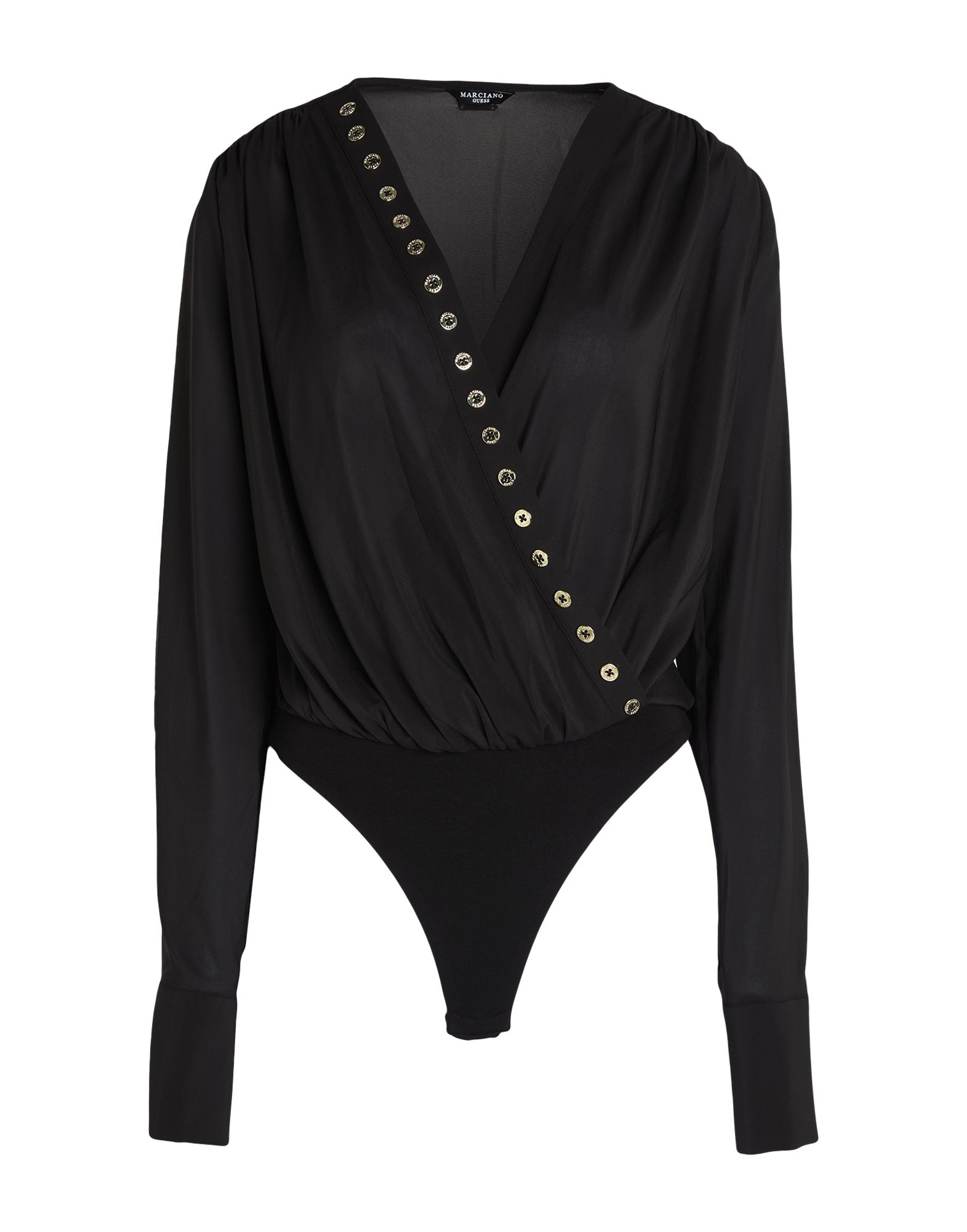 저지, 크레이프, 브랜드 로고, 솔리드 컬러, 딥 네크라인, 롱 슬리브, 버튼 커프스, 포켓 없음, 바디수트형, 스트레치. 이미지