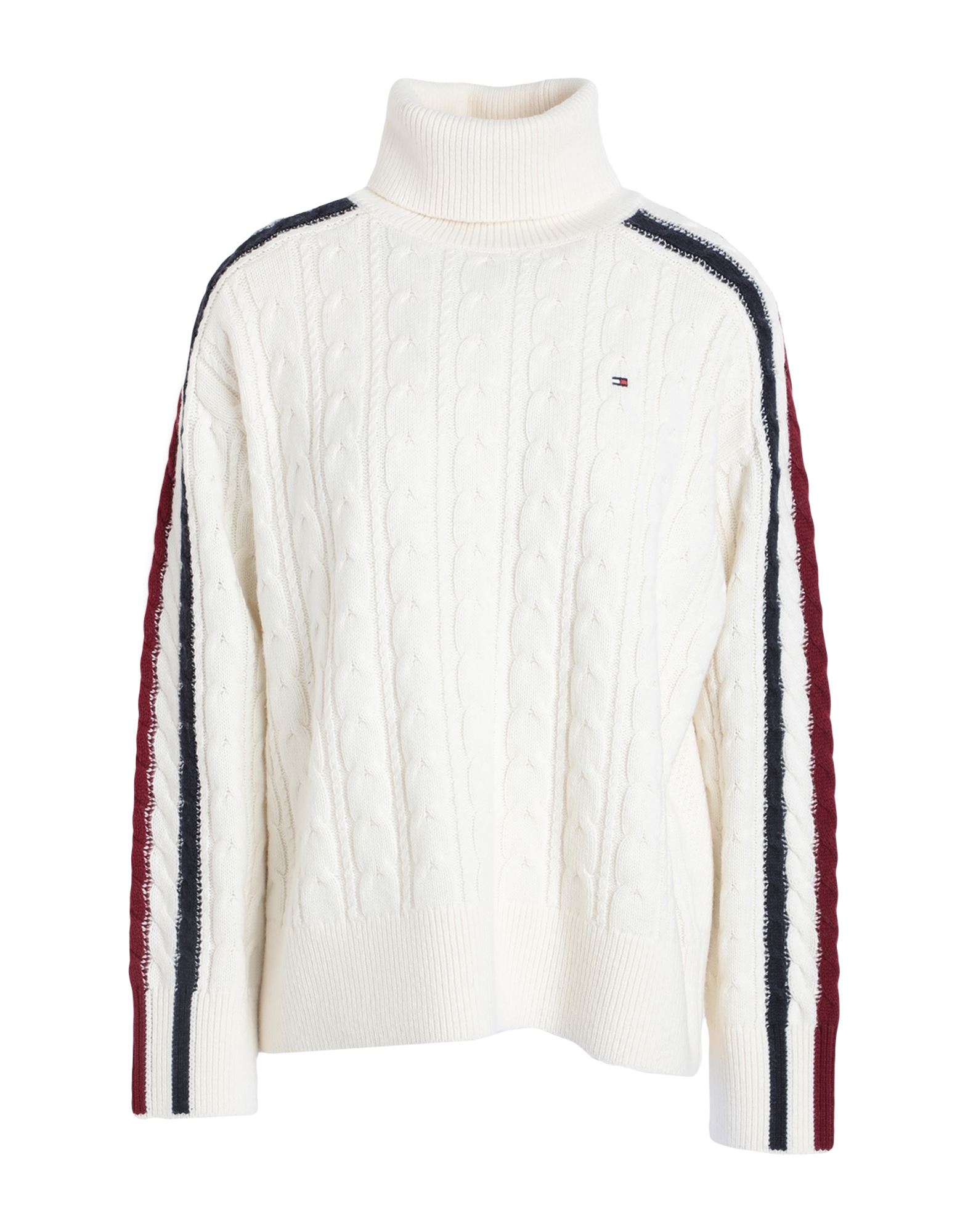 니트 소재, 미디엄웨이트 니트, 케이블 스티치, 브랜드 로고, 멀티컬러 패턴, 터틀넥, 롱 슬리브, 리브 조직 커프스, 포켓 없음. 이미지