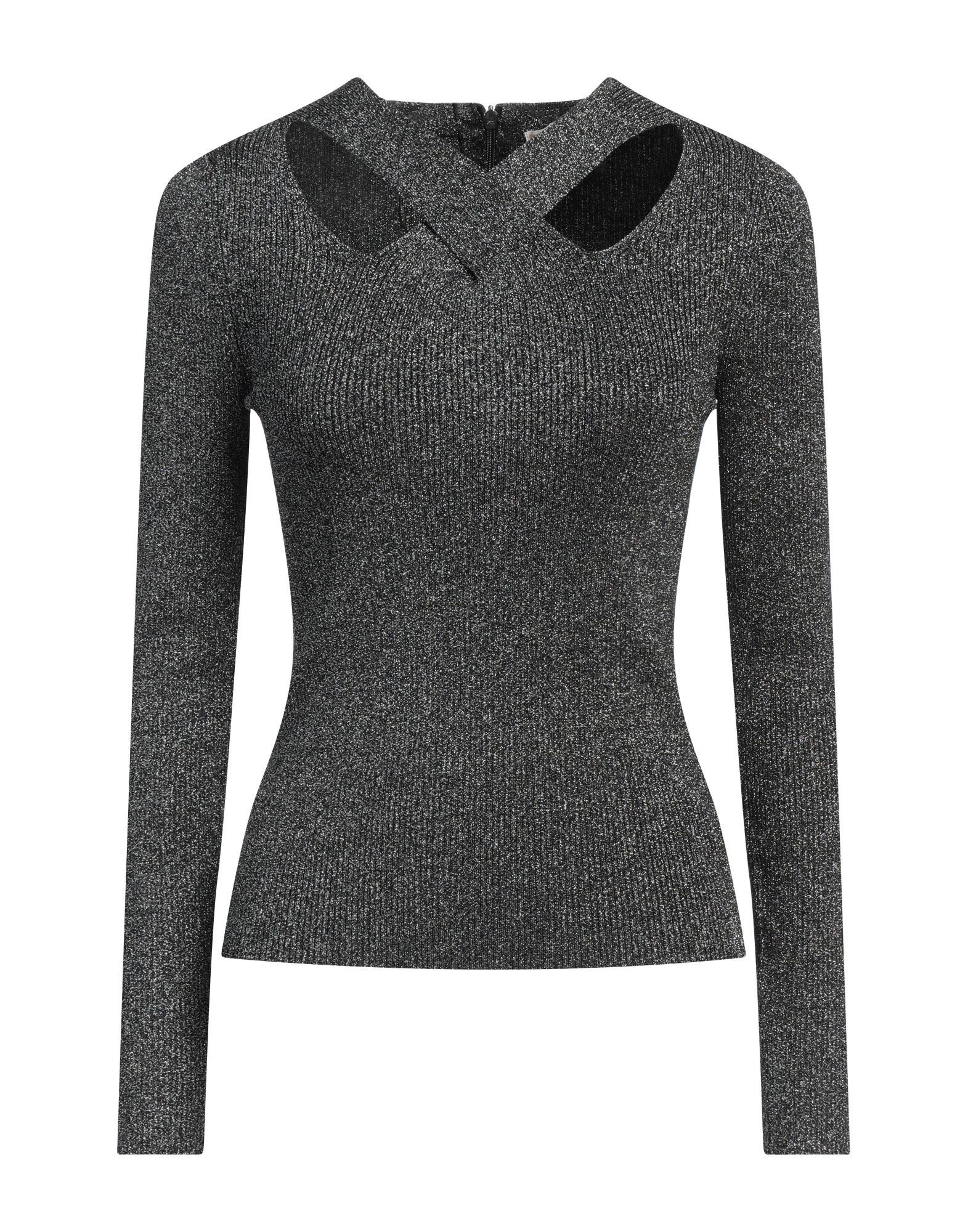 니트 소재, 메탈릭 효과, 라이트웨이트 니트, 솔리드 컬러, 컷아웃 효과, v 네크라인, 롱 슬리브, 지퍼 여밈, 스트레치, 세탁기 세탁 또는 드라이클리닝, 표백 금지. 이미지