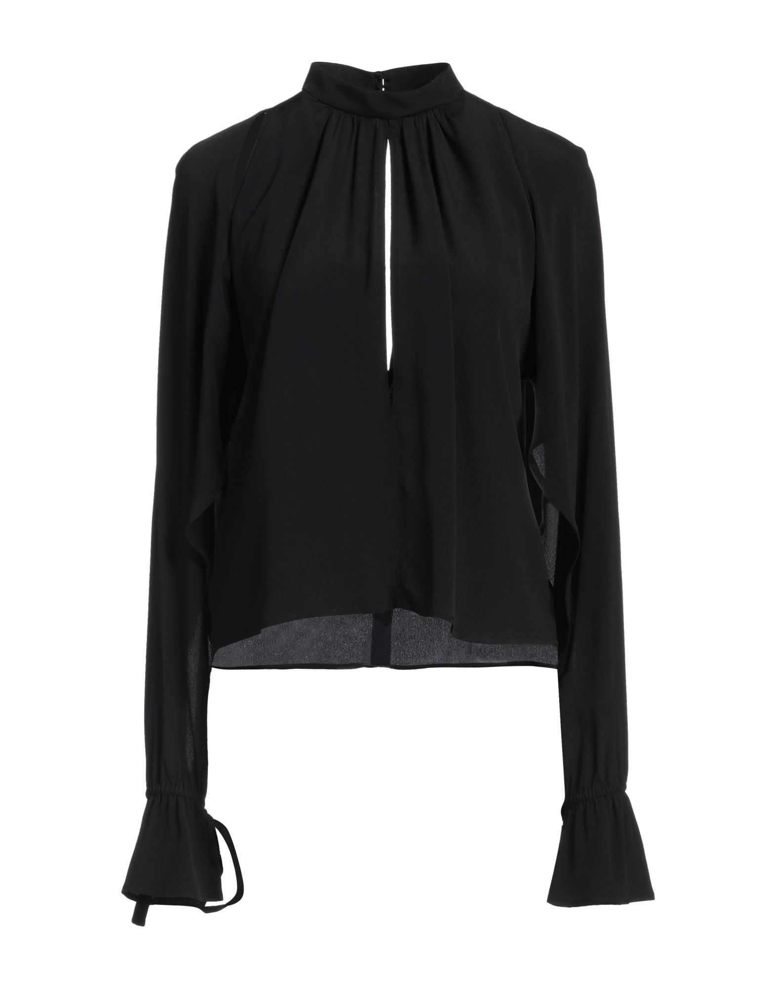 보헤미안 블라우스, 크레이프, 솔리드 컬러, 컷아웃 효과, 목 넥, 롱 슬리브, 버튼 여밈, 세탁기 세탁 또는 드라이클리닝, 표백 금지, 건조기 사용불가. 이미지