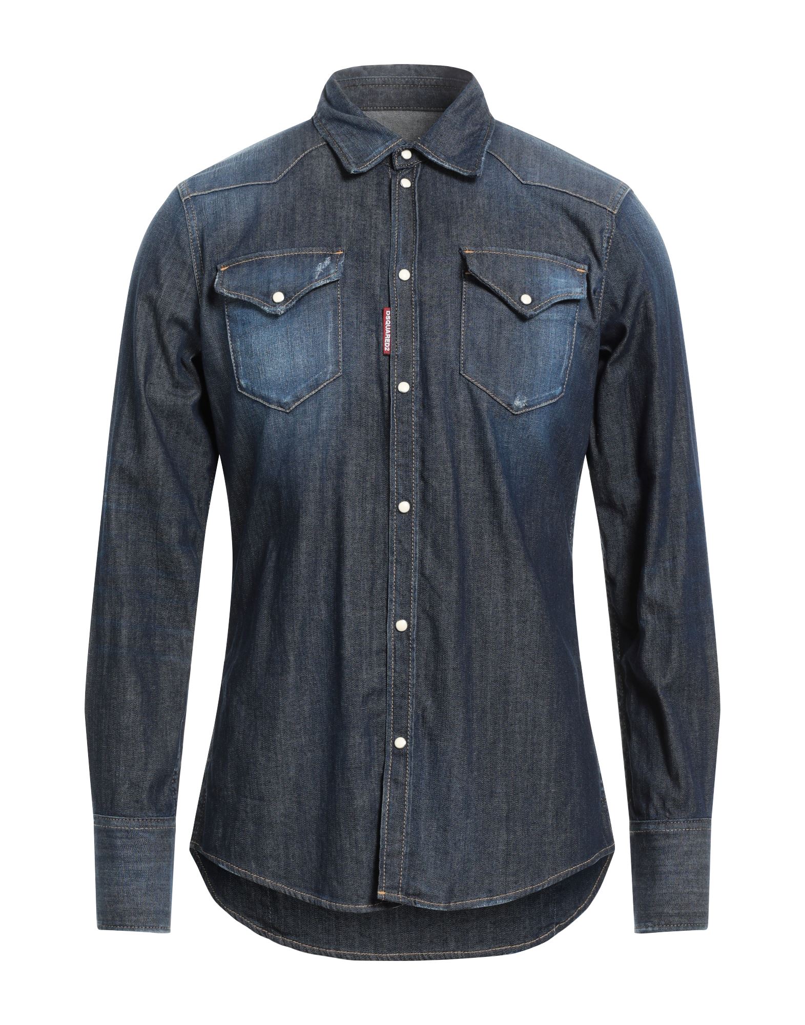 데님, 브랜드 로고, 솔리드 컬러, 다크 워싱, 클래식 칼라, 롱 슬리브, 스냅버튼 여밈, 멀티 포켓, 스트레치, 세탁기로 세탁, 건조기 사용가능, 표백 금지. 이미지