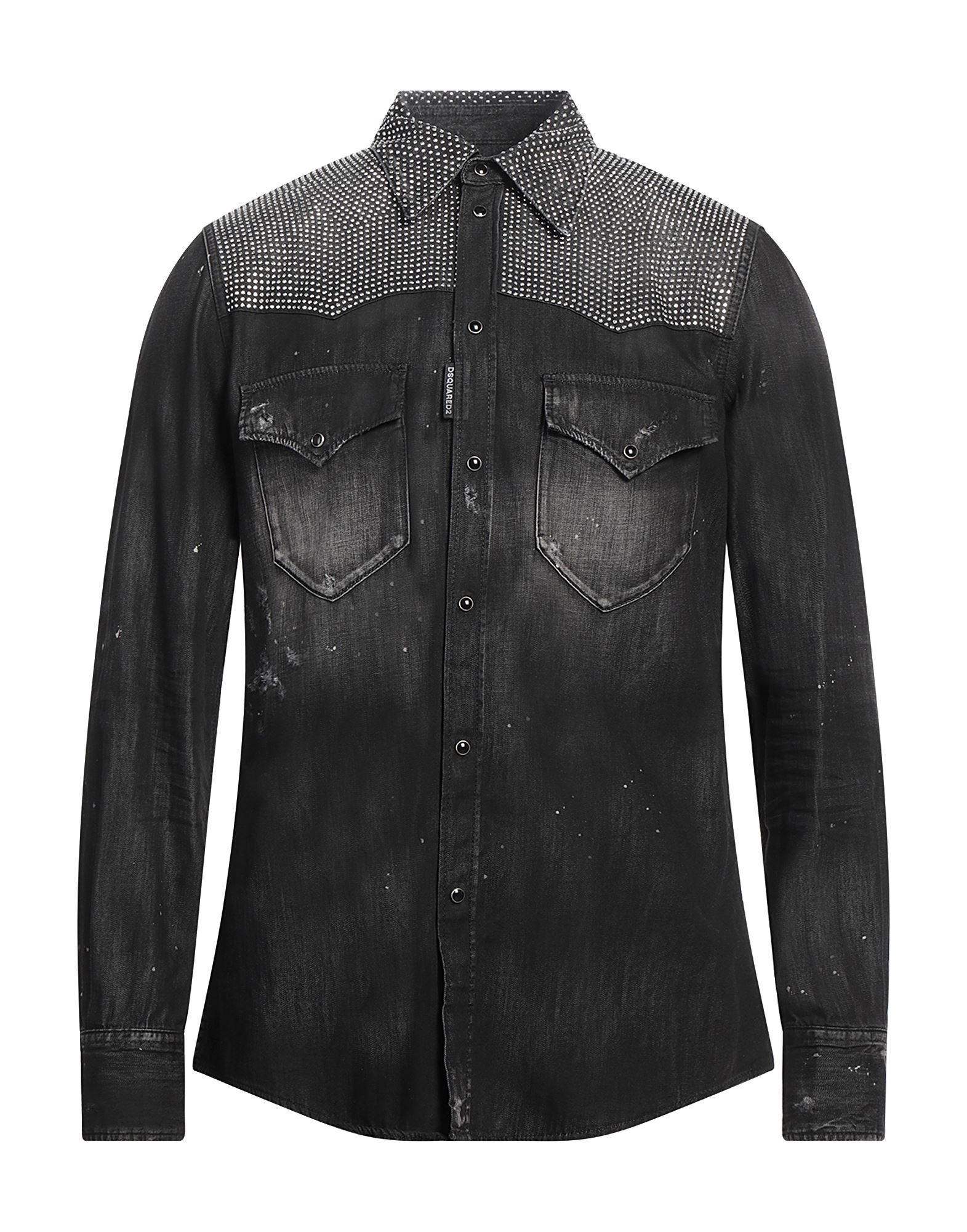 데님, 바랜 효과, 장식 디테일 솔리드 컬러, 크리스탈, 컬러 워싱, 클래식 칼라, 롱 슬리브, 스냅버튼 커프스, 스냅버튼 여밈, 포켓 2개, 손세탁 또는 드라이클리닝, 표백 금지, 건조기 사용불가. 이미지